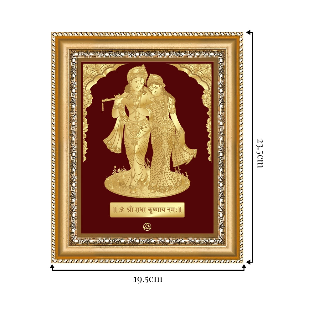 Radha Krishna wall hanging in 24K gold foil, symbolizing divine love and devotion, framed beautifully.