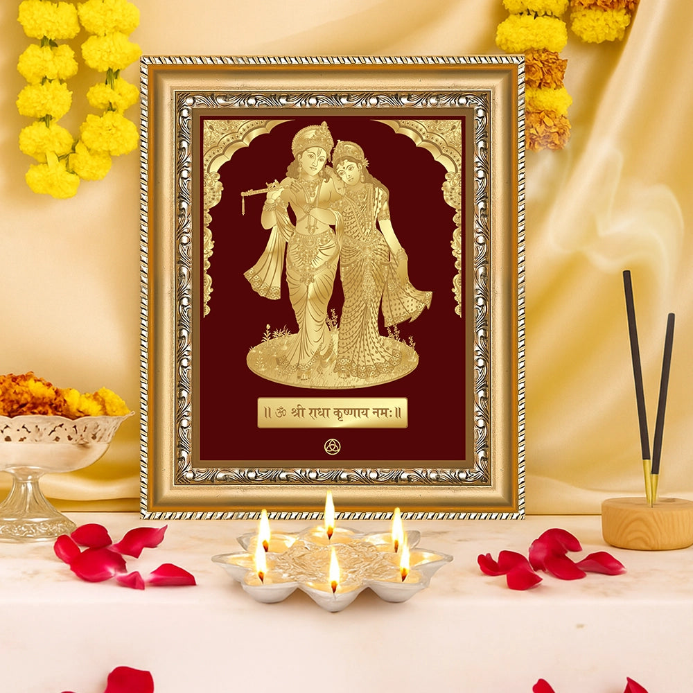Radha Krishna wall hanging frame in 24K gold plated foil, symbolizing divine love and devotion, adorned with floral decor.