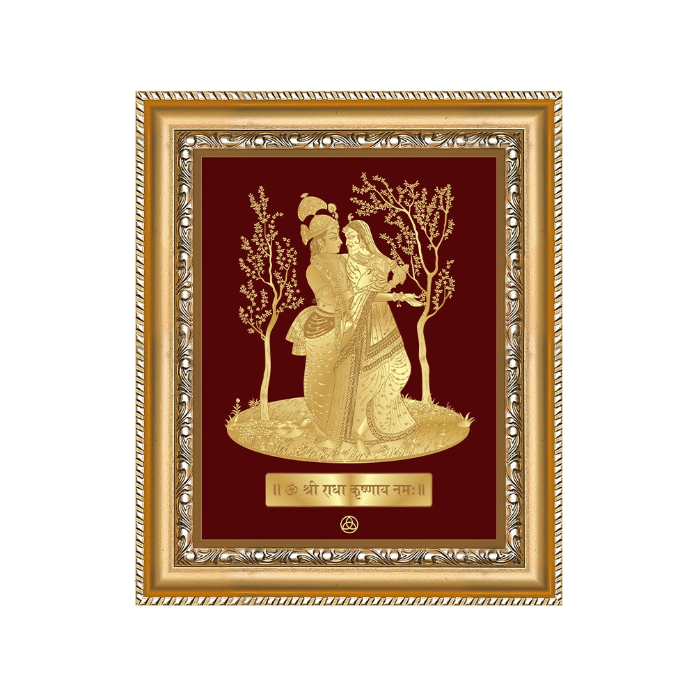 Radha Krishna wall hanging in 24K gold plated foil, depicting divine love and devotion in elegant frame.