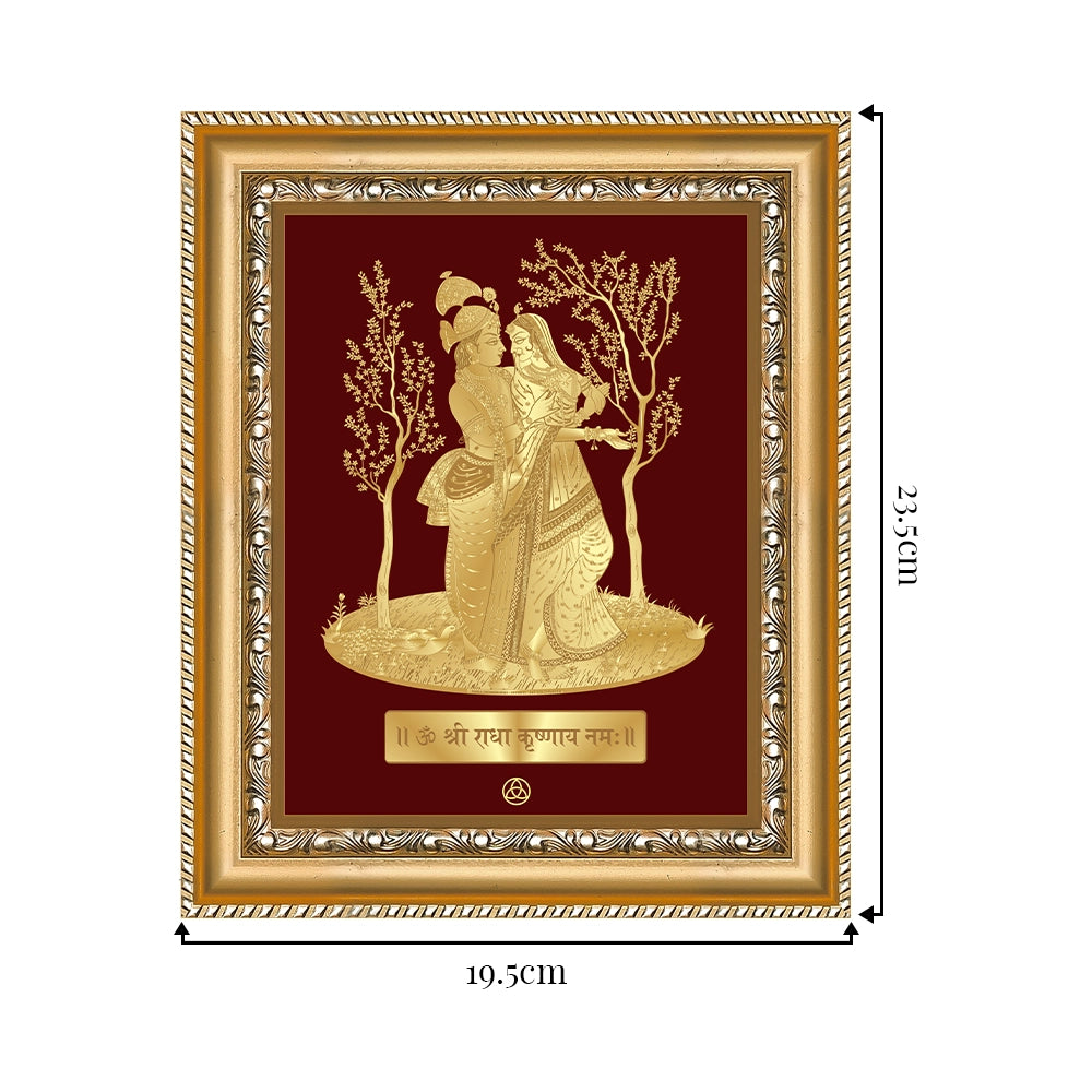 Radha Krishna wall hanging in 24K gold foil, framed elegantly, symbolizing divine love and devotion.