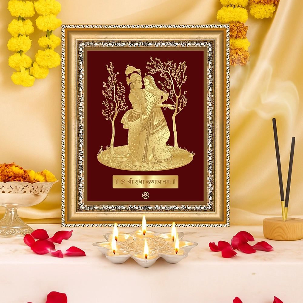 Radha Krishna gold wall hanging frame, 24K gold plated, symbolizing divine love, devotion, and spiritual union.
