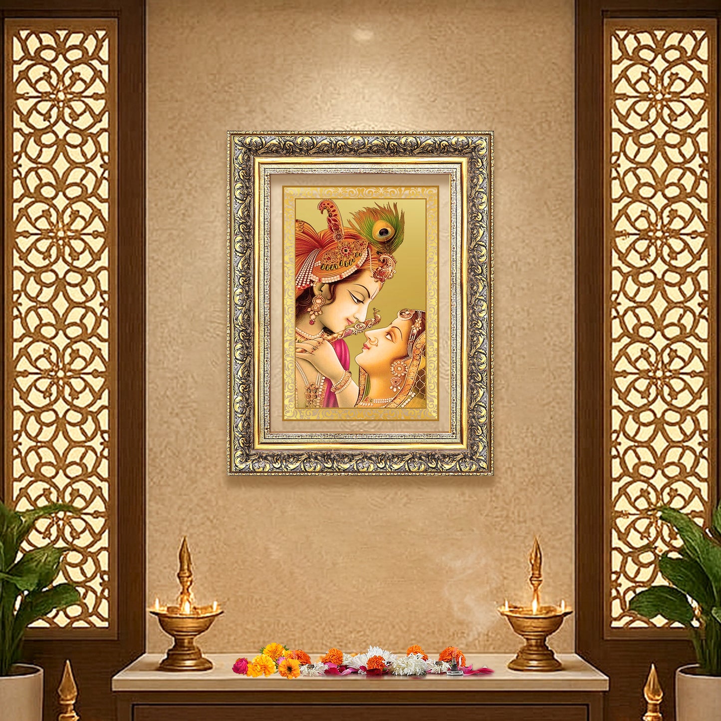 Radha Krishna with Flute | Lord Krishna Wall Mount Photo Frame in 24K Gold Plated Foil