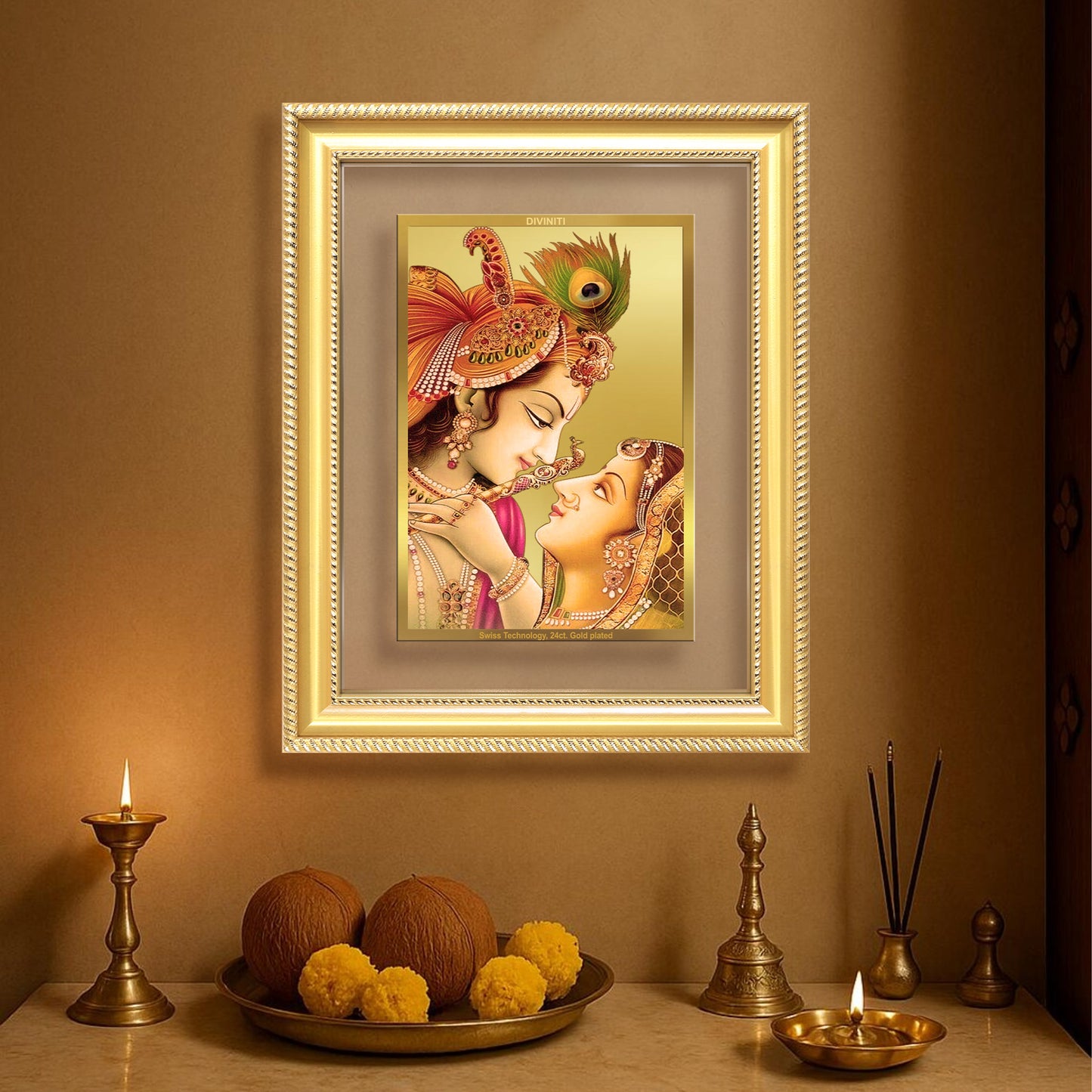 Radha Krishna with Flute | Lord Krishna Wall Mount Photo Frame in 24K Gold Plated Foil