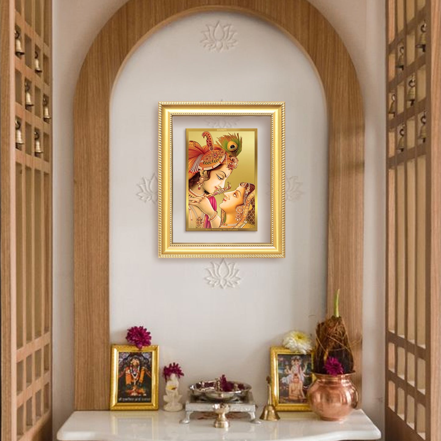 Radha Krishna with Flute | Lord Krishna Wall Mount Photo Frame in 24K Gold Plated Foil