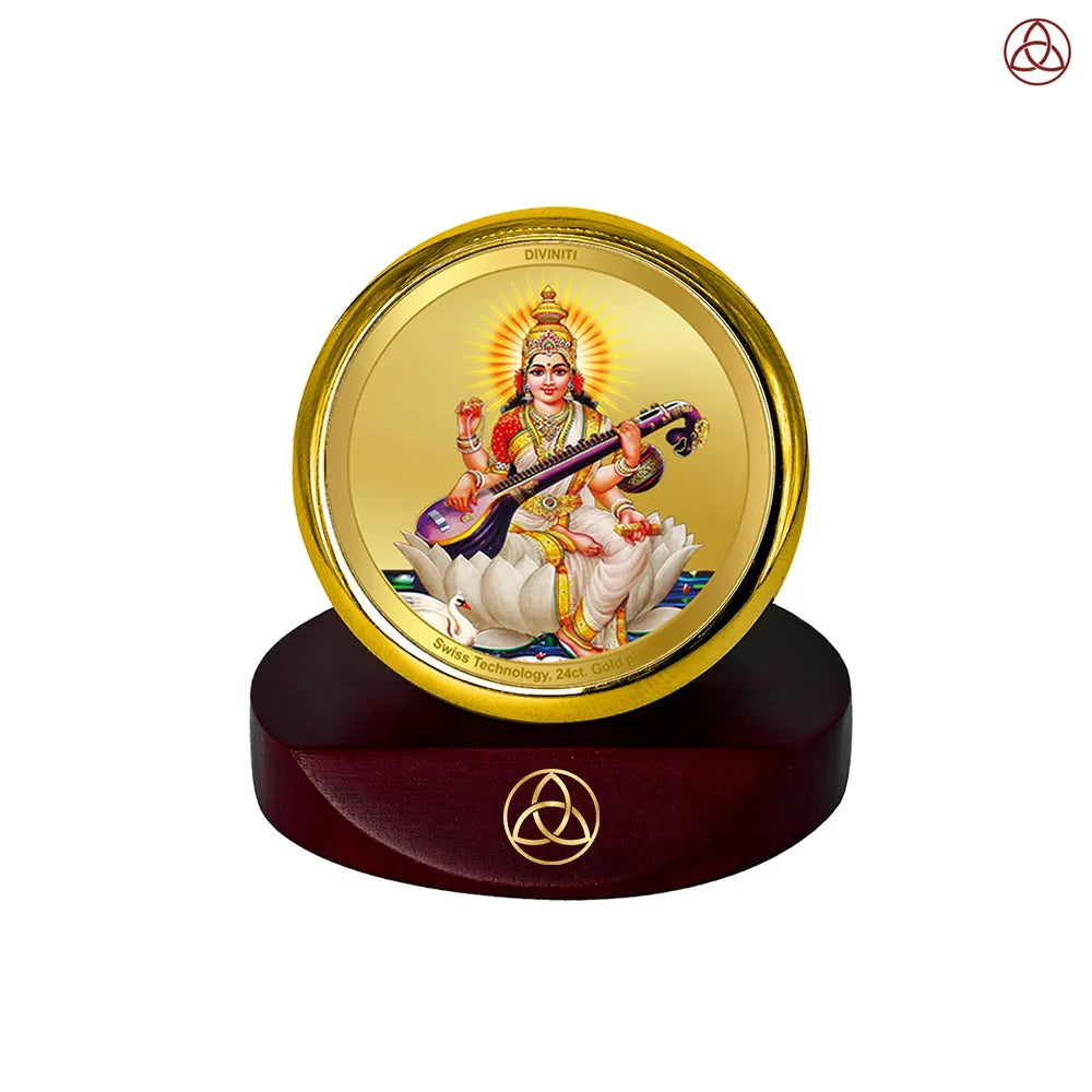 Goddess Saraswati | Divine Mother of Wisdom & Arts Car Dashboard Frame in 24K Gold Plated Foil