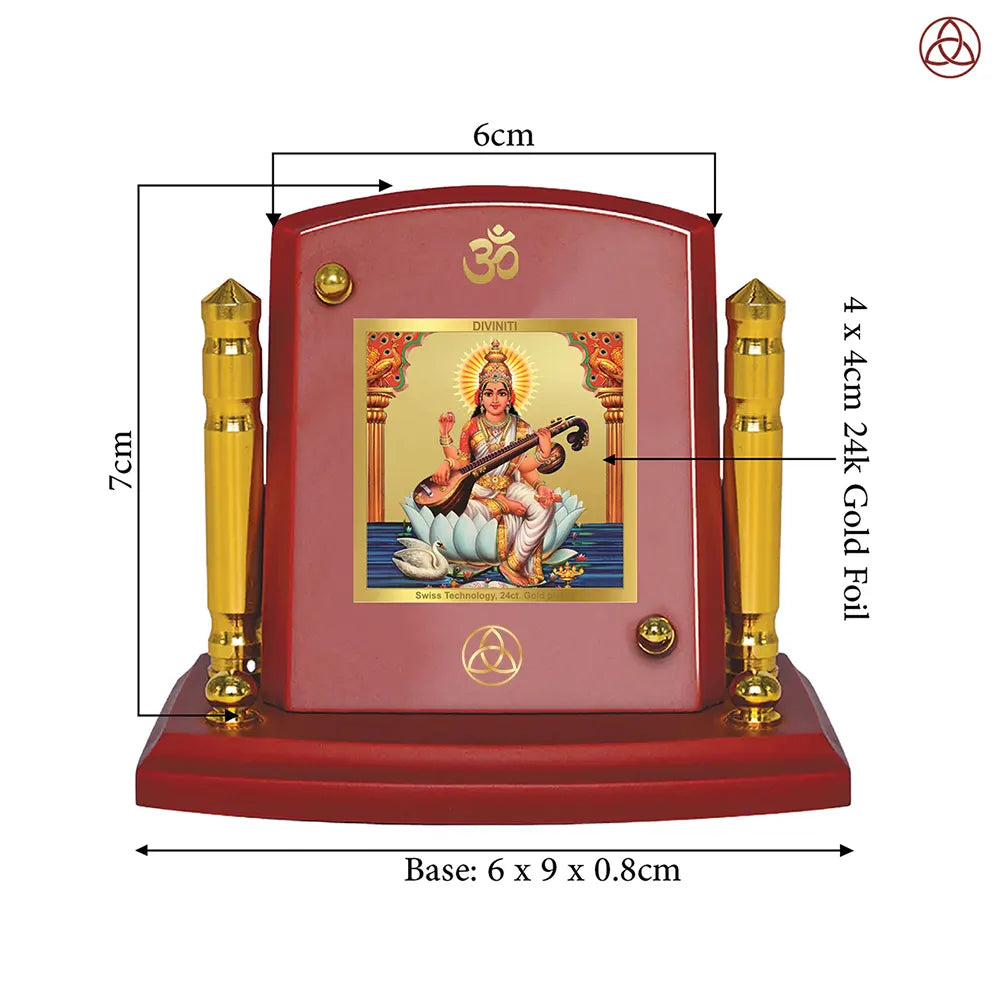 Goddess Saraswati | Divine Mother of Wisdom & Arts Car Dashboard Frame in 24K Gold Plated Foil