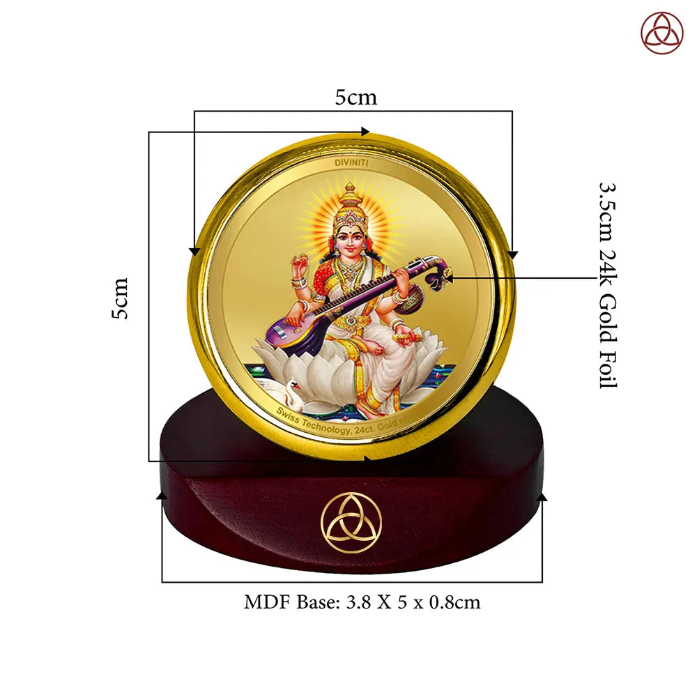 Goddess Saraswati | Divine Mother of Wisdom & Arts Car Dashboard Frame in 24K Gold Plated Foil
