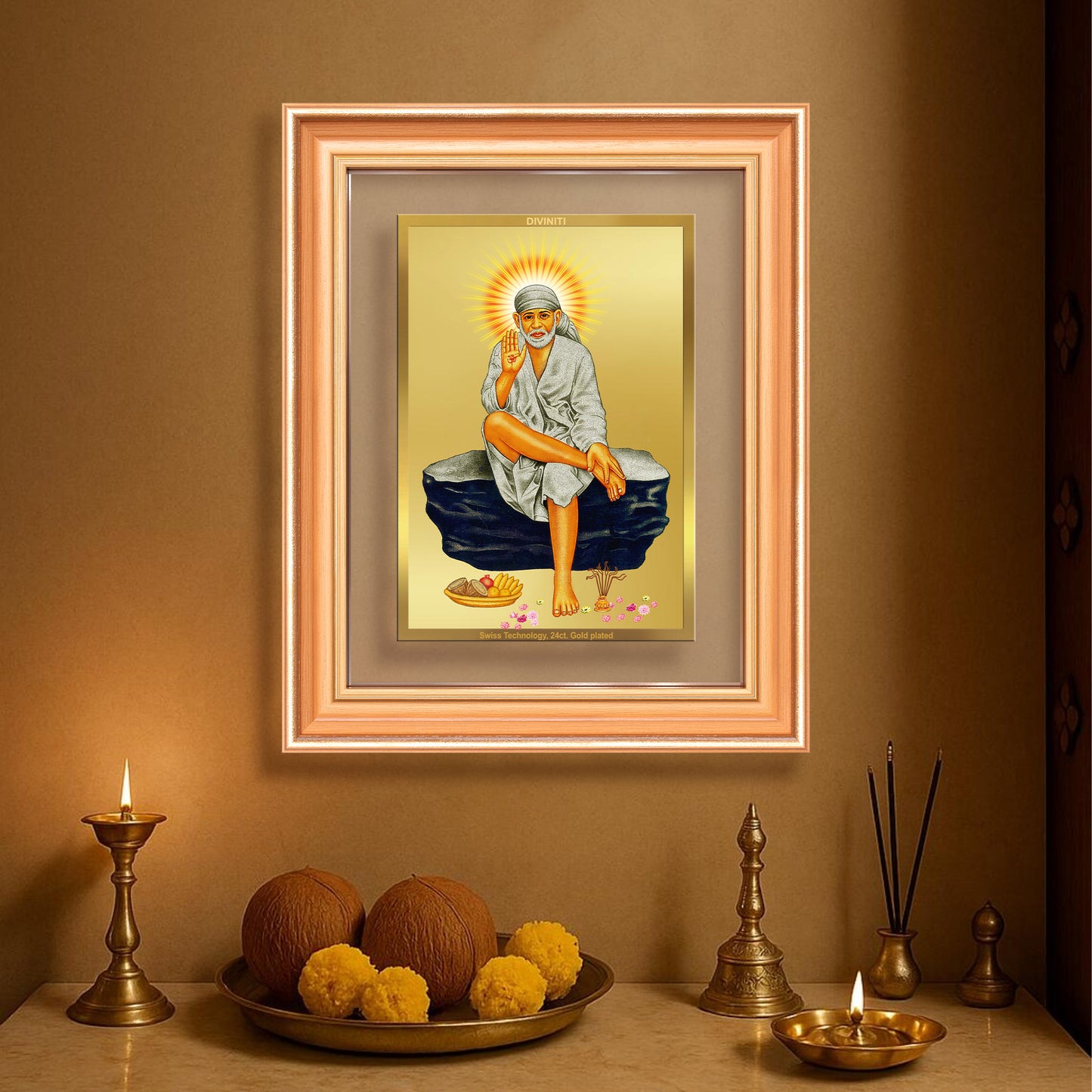 Sai Baba of Shirdi | Saint of Faith & Compassion Wall Mount Photo Frame in 24K Gold Plated Foil