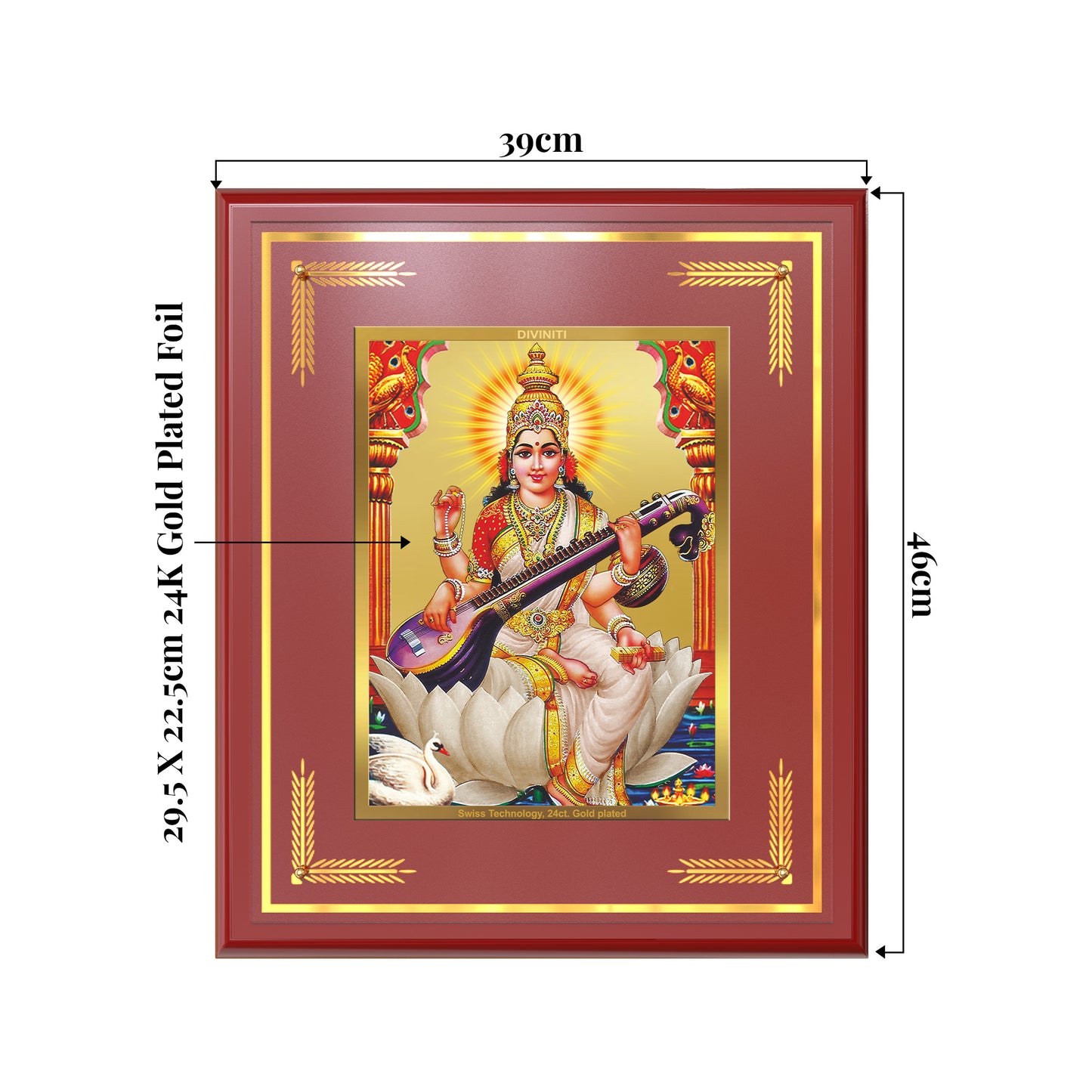 Goddess Saraswati | Divine Mother of Wisdom & Arts Wall Mount Photo Frame in 24K Gold Plated Foil