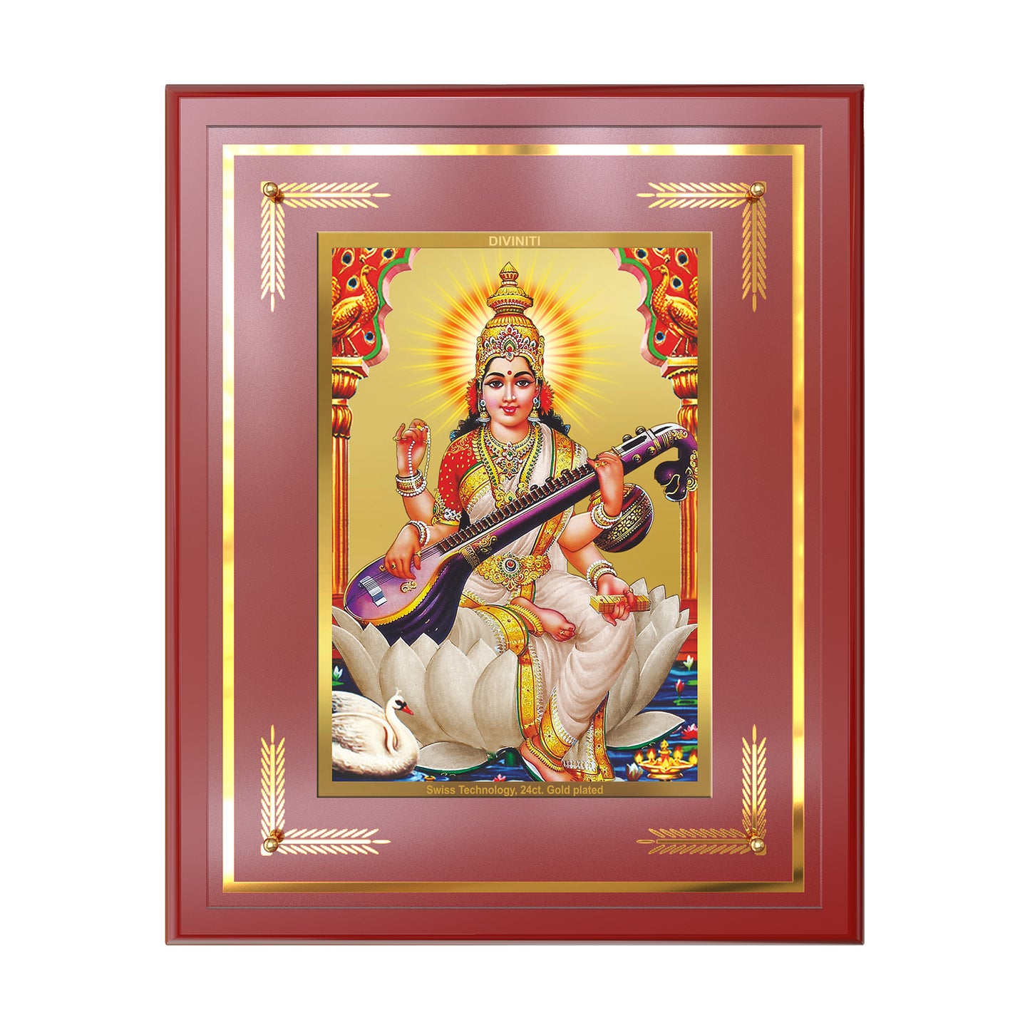 Goddess Saraswati | Divine Mother of Wisdom & Arts Wall Mount Photo Frame in 24K Gold Plated Foil