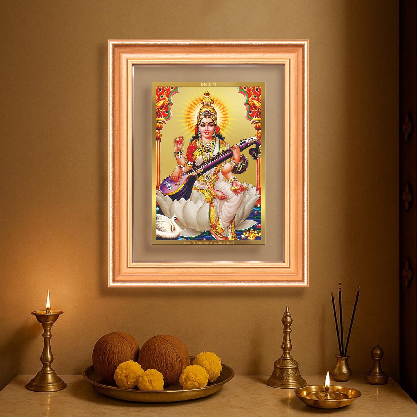 Goddess Saraswati | Divine Mother of Wisdom & Arts Wall Mount Photo Frame in 24K Gold Plated Foil