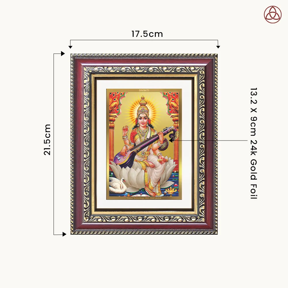 Goddess Saraswati | Divine Mother of Wisdom & Arts Wall & Tabletop Photo Frame in 24K Gold Plated Foil