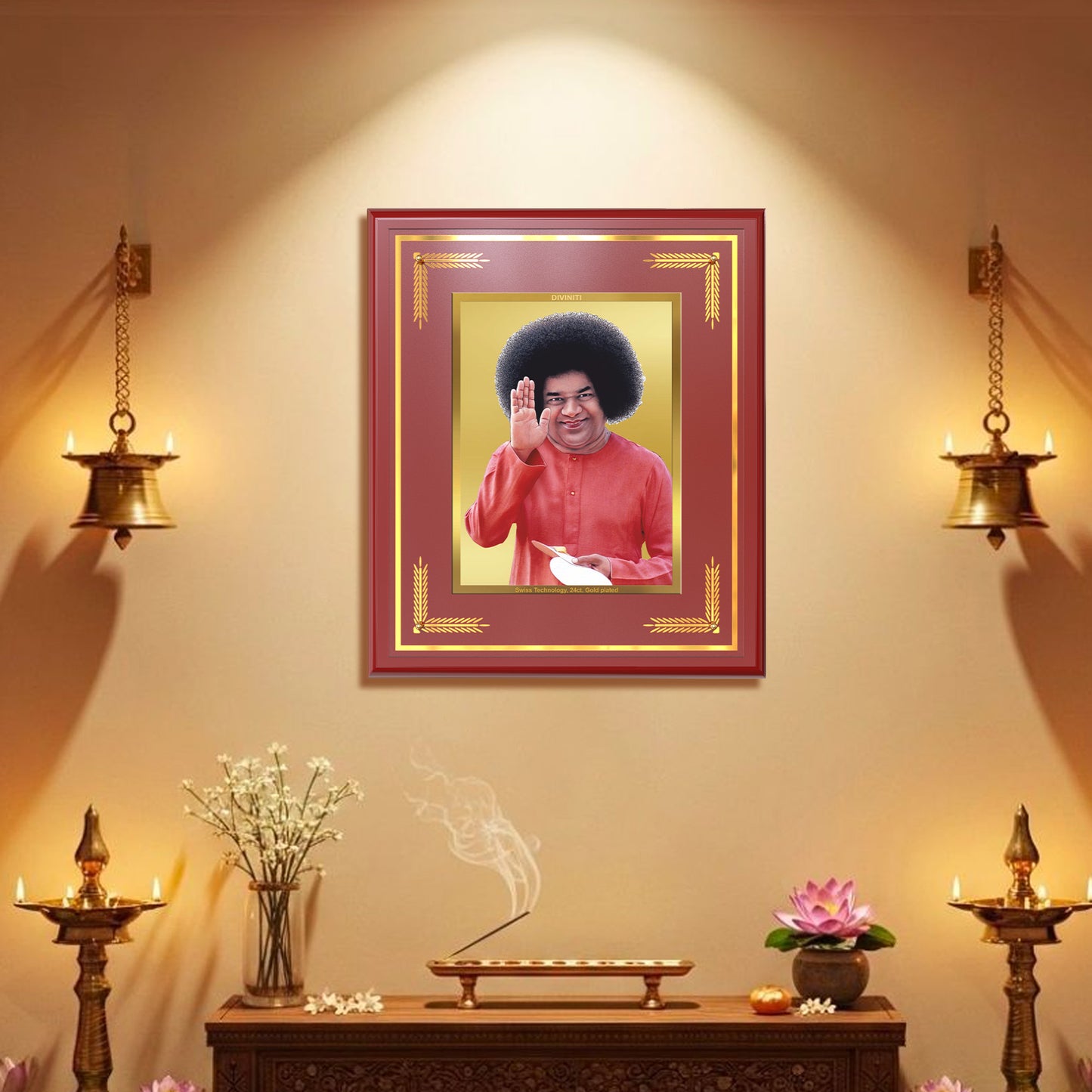 Sri Sathya Sai Baba | Avatar of Love and Universal Harmony Wall Mount Photo Frame in 24K Gold Plated Foil