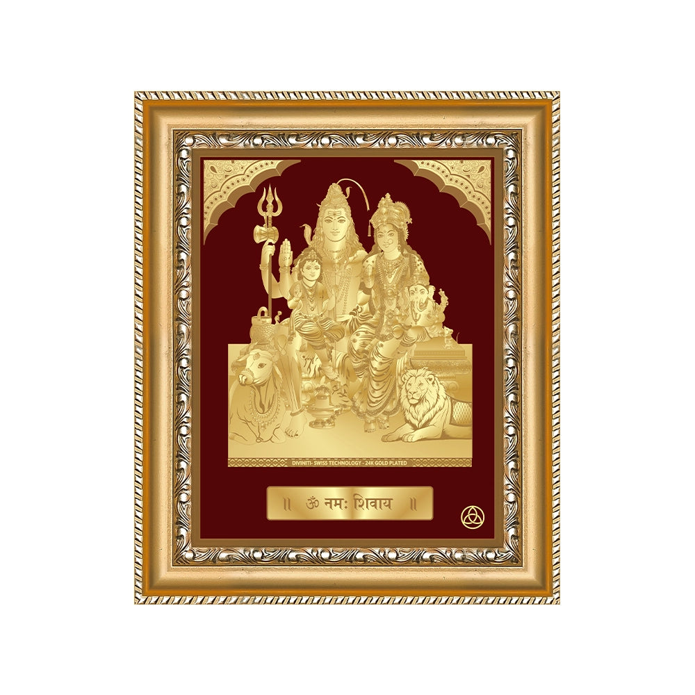 Shiva Parivar gold wall hanging frame, 24K gold plated foil showcasing Lord Shiva, Goddess Parvati, Ganesha, and Kartikeya.