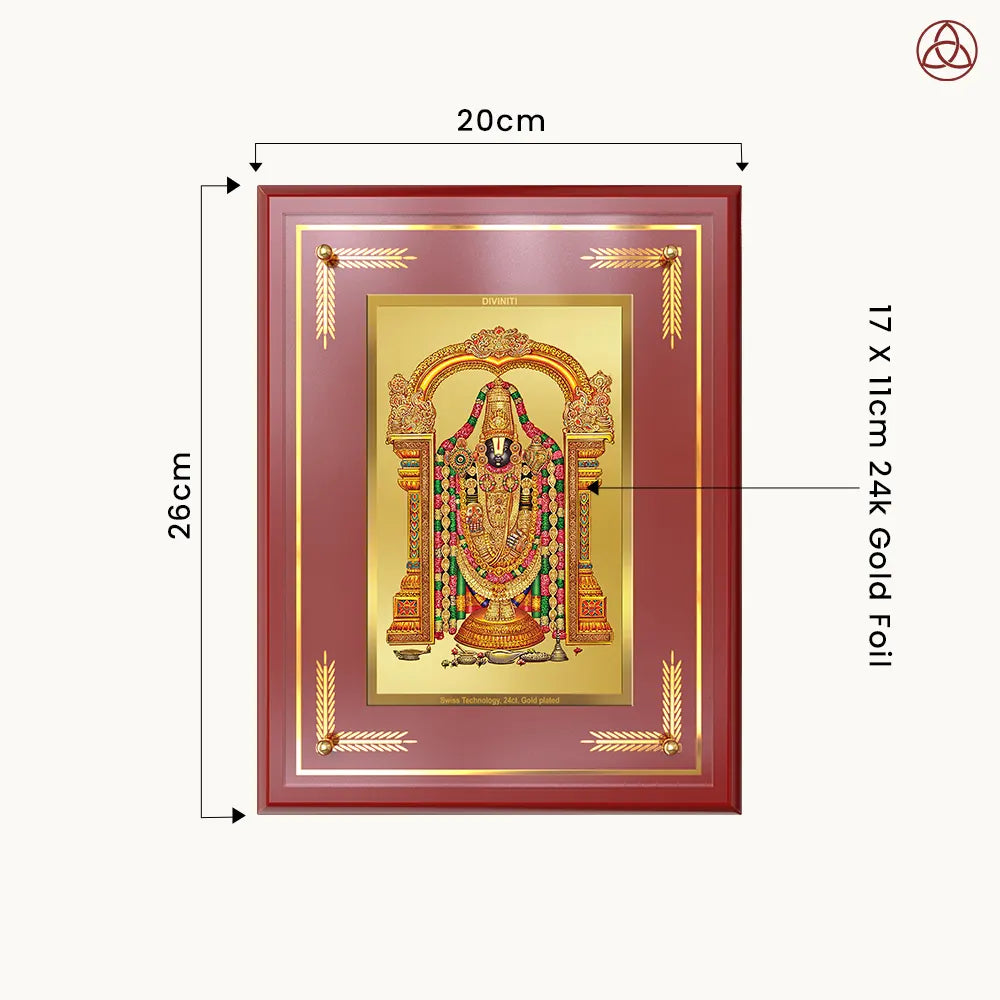 Lord Tirupati Balaji | Sri Venkateswara | Supreme Form of Vishnu from Tirumala Wall & Tabletop Photo Frame in 24K Gold Plated Foil