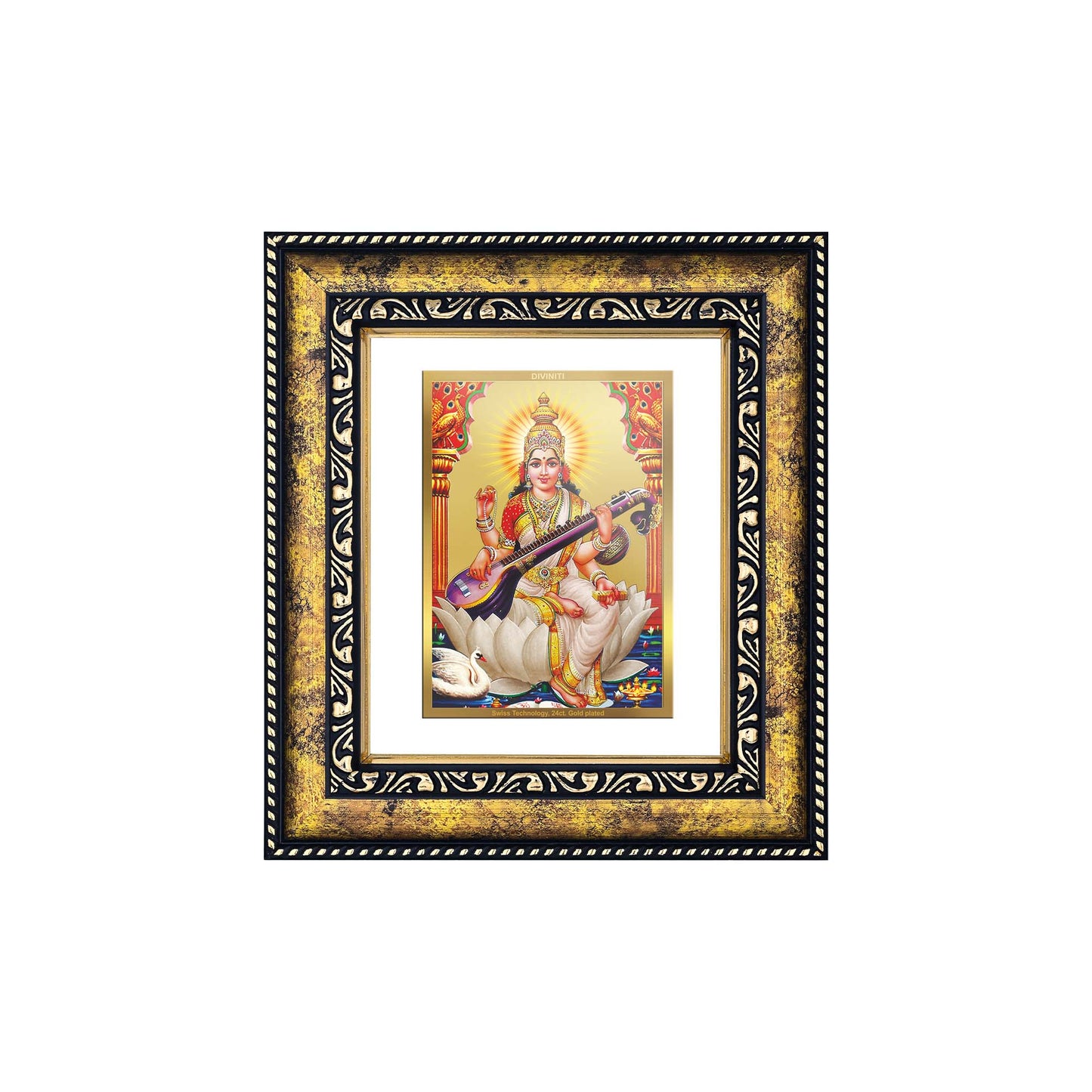 DIVINITI 24K Gold Plated Goddess Saraswati Photo Frame Idol for Home Decor, Puja Room, Table Top, Wall Hanging, Workshop, Luxurious Gift|DG113 Size 2 (22.6x18.4 CM)