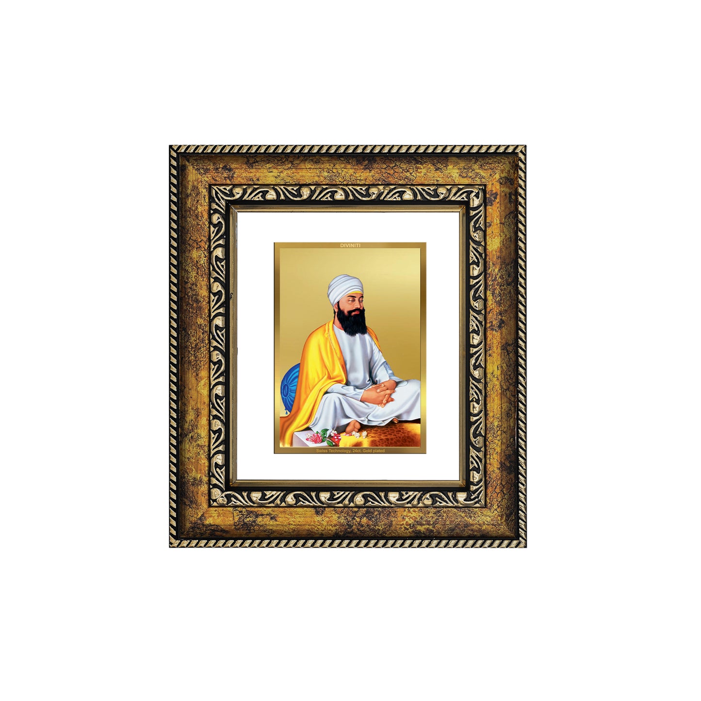 DIVINITI 24K Gold Plated Foil Guru Tegh Bahadar Sahib Ji Wall Photo Frame, Table Decor for Home & Office Decor Gift Items DG 113 Size 1 (17.7x15.9 CM)