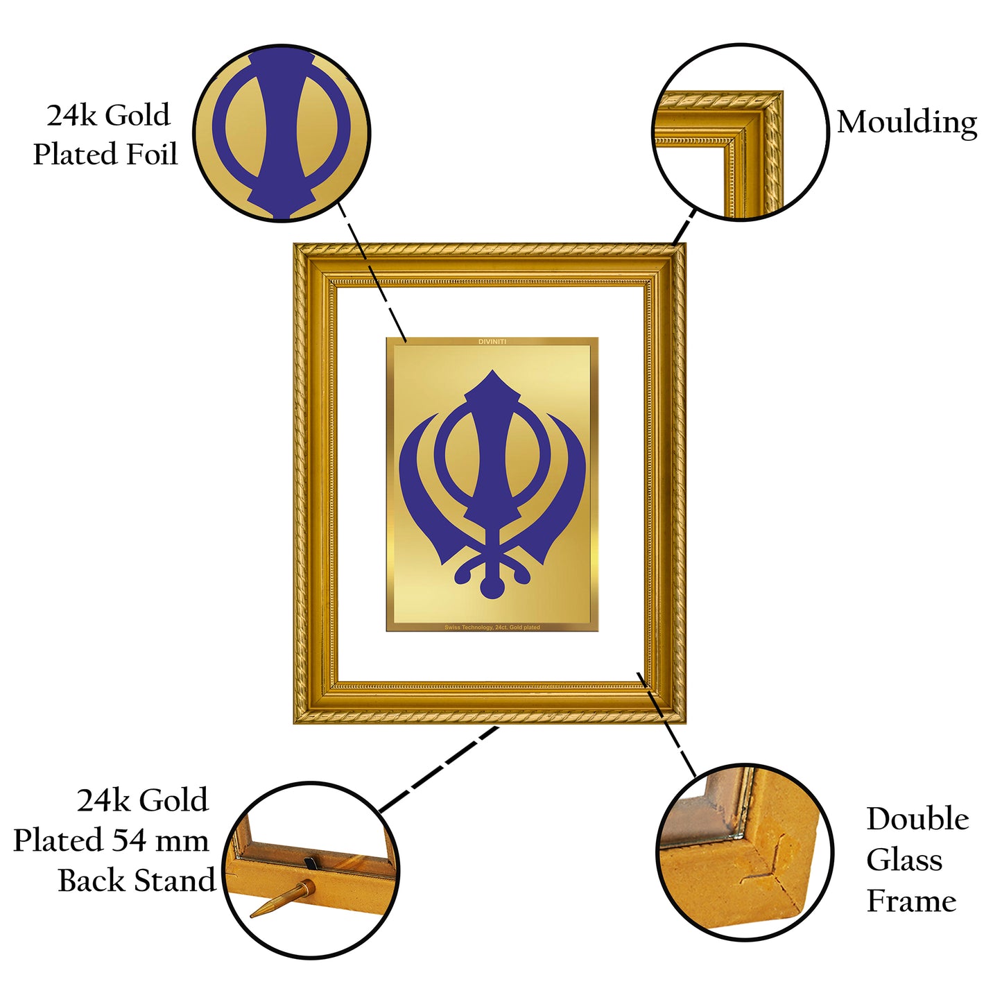 DIVINITI 24K Gold Plated Foil Khanda Sahib Wall Photo Frame for Home Decor, Wall Hanging, Table Top, Puja Room & Gift DG056S3 (27.6X35.4 CM)