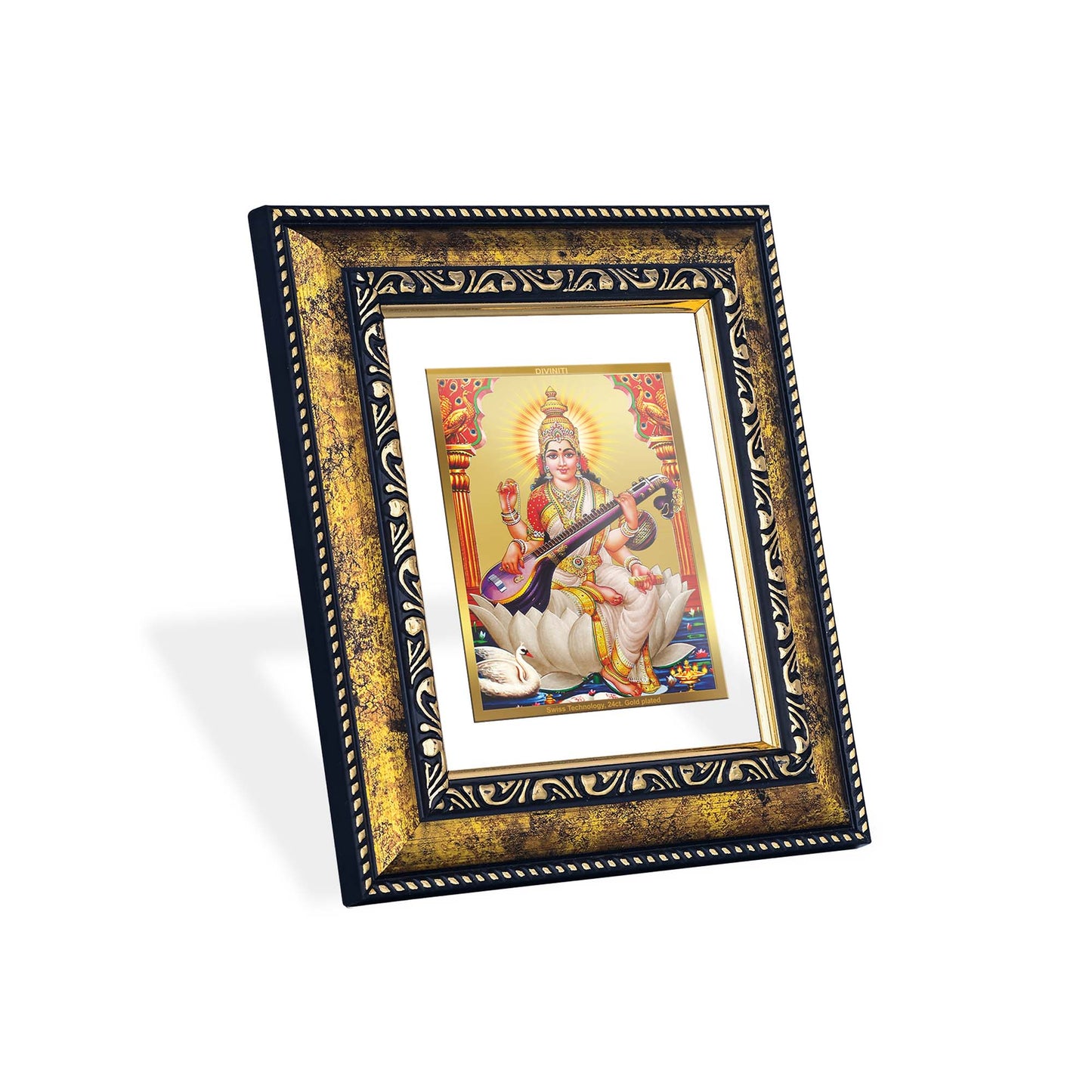 DIVINITI 24K Gold Plated Goddess Saraswati Photo Frame Idol for Home Decor, Puja Room, Table Top, Wall Hanging, Workshop, Luxurious Gift|DG113 Size 2 (22.6x18.4 CM)