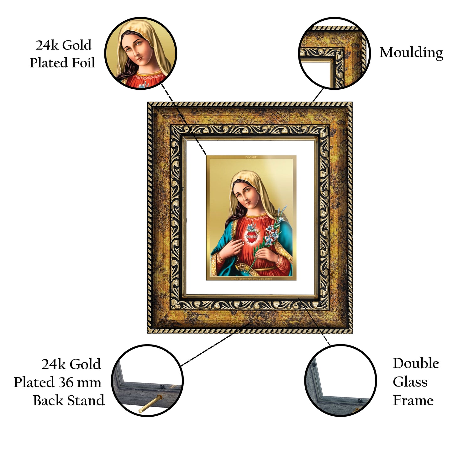 DIVINITI 24K Gold Plated Foil Mother Mary Wall Photo Frame, Table Decor for Home & Office Decor Gift Items DG 113 Size 1 (17.7x15.9 CM)