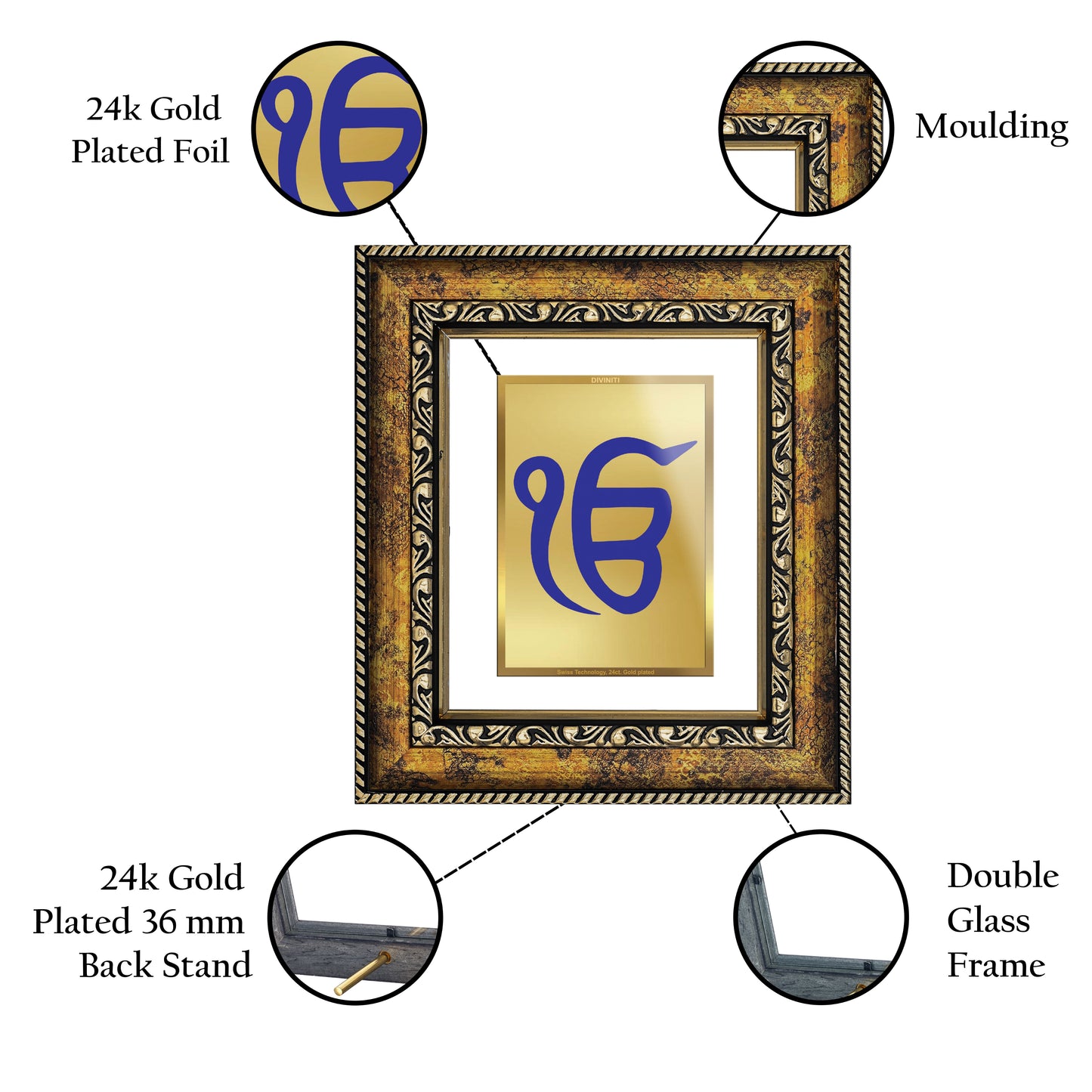 DIVINITI 24K Gold Plated Foil Ik Onkar Wall Photo Frame, Table Decor for Home & Office Decor Gift Items DG 113 Size 1 (17.7x15.9 CM)