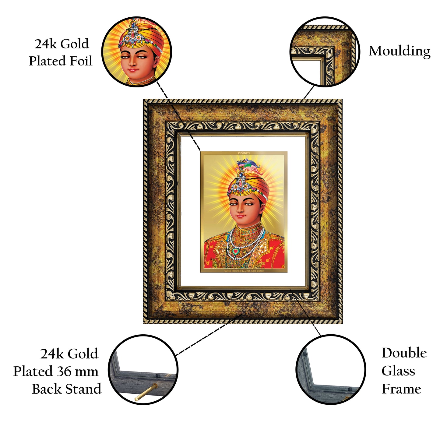 DIVINITI 24K Gold Plated Foil Guru Harkrishan Sahib Ji Wall Photo Frame, Table Decor for Home & Office Decor Gift Items DG 113 Size 1 (17.7x15.9 CM)
