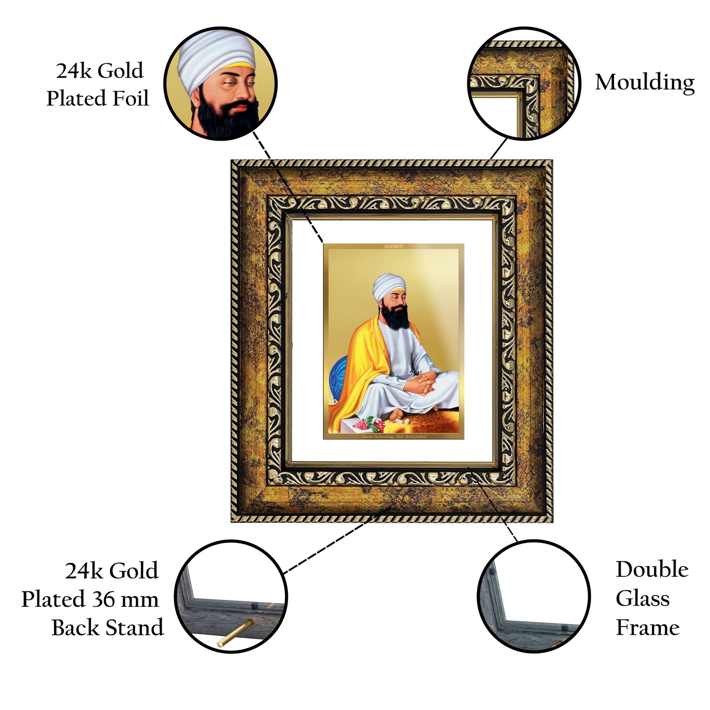 DIVINITI 24K Gold Plated Foil Guru Tegh Bahadar Sahib Ji Wall Photo Frame, Table Decor for Home & Office Decor Gift Items DG 113 Size 1 (17.7x15.9 CM)