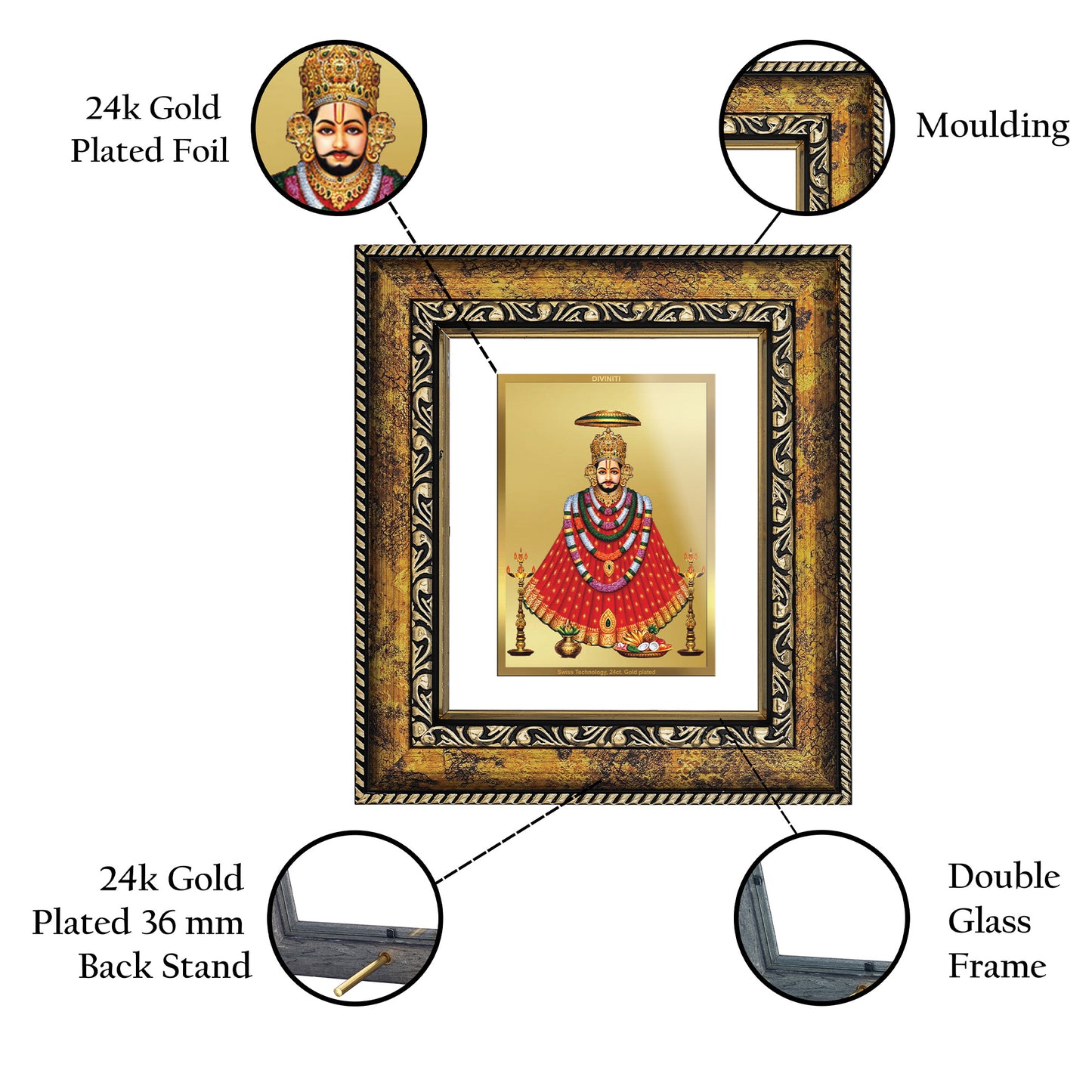 DIVINITI 24K Gold Plated Foil Khatu Shyam with Garlands Wall Photo Frame, Table Decor for Home & Office Decor Gift Items DG 113 Size 1 (17.7x15.9 CM)