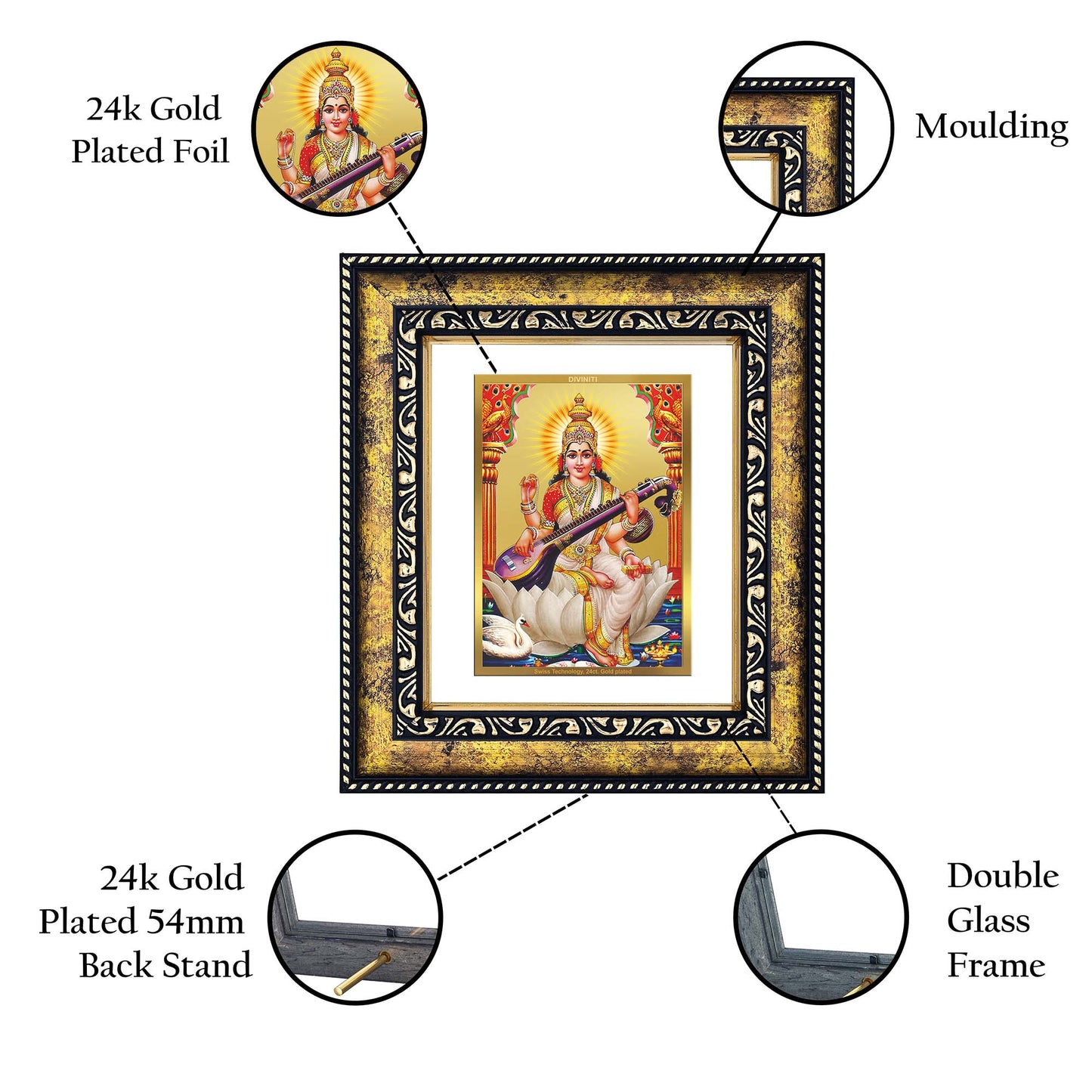 DIVINITI 24K Gold Plated Goddess Saraswati Photo Frame Idol for Home Decor, Puja Room, Table Top, Wall Hanging, Workshop, Luxurious Gift|DG113 Size 2 (22.6x18.4 CM)