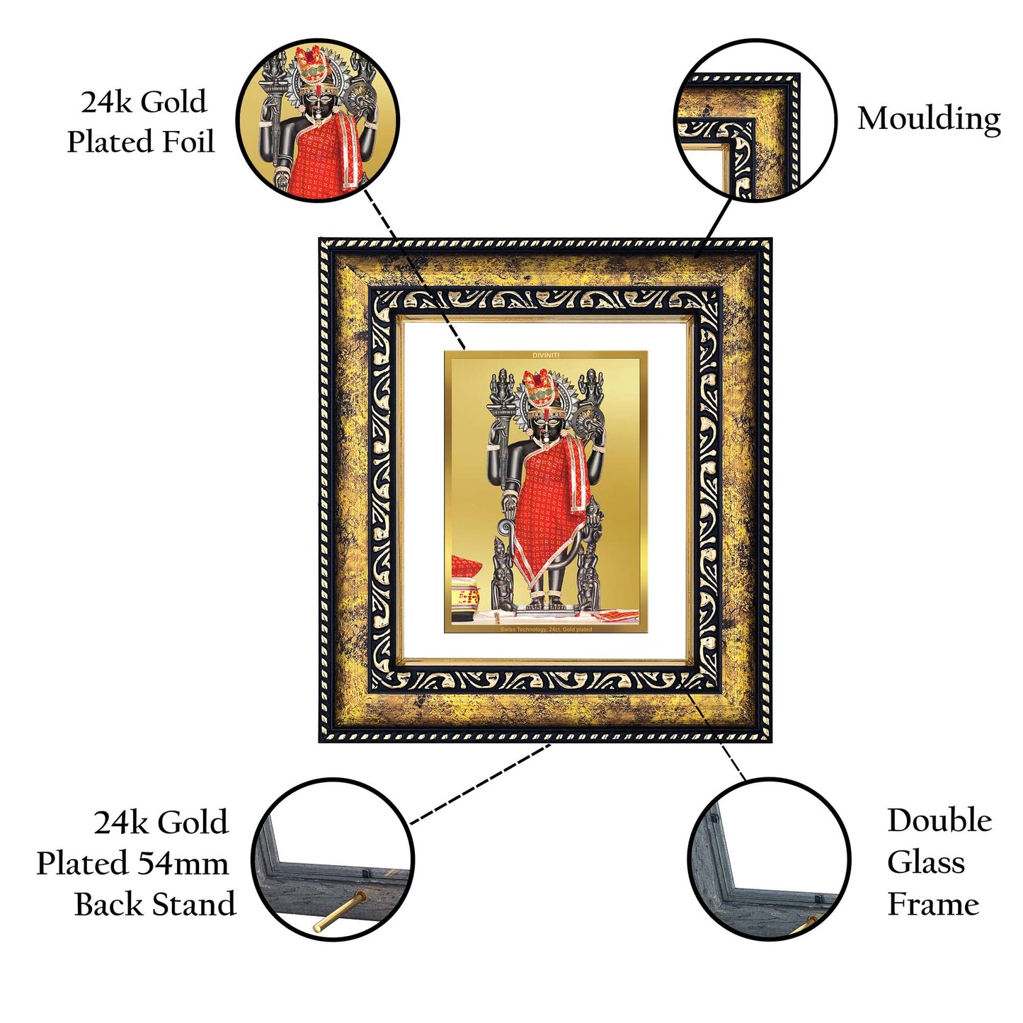 DIVINITI 24K Gold Plated Foil Dwarkadhish Photo Frame for Home Decor, Table Top, Wall Hanging, Workshop, Premium Gift|DG113 Size 2 (22.6x18.4 CM)