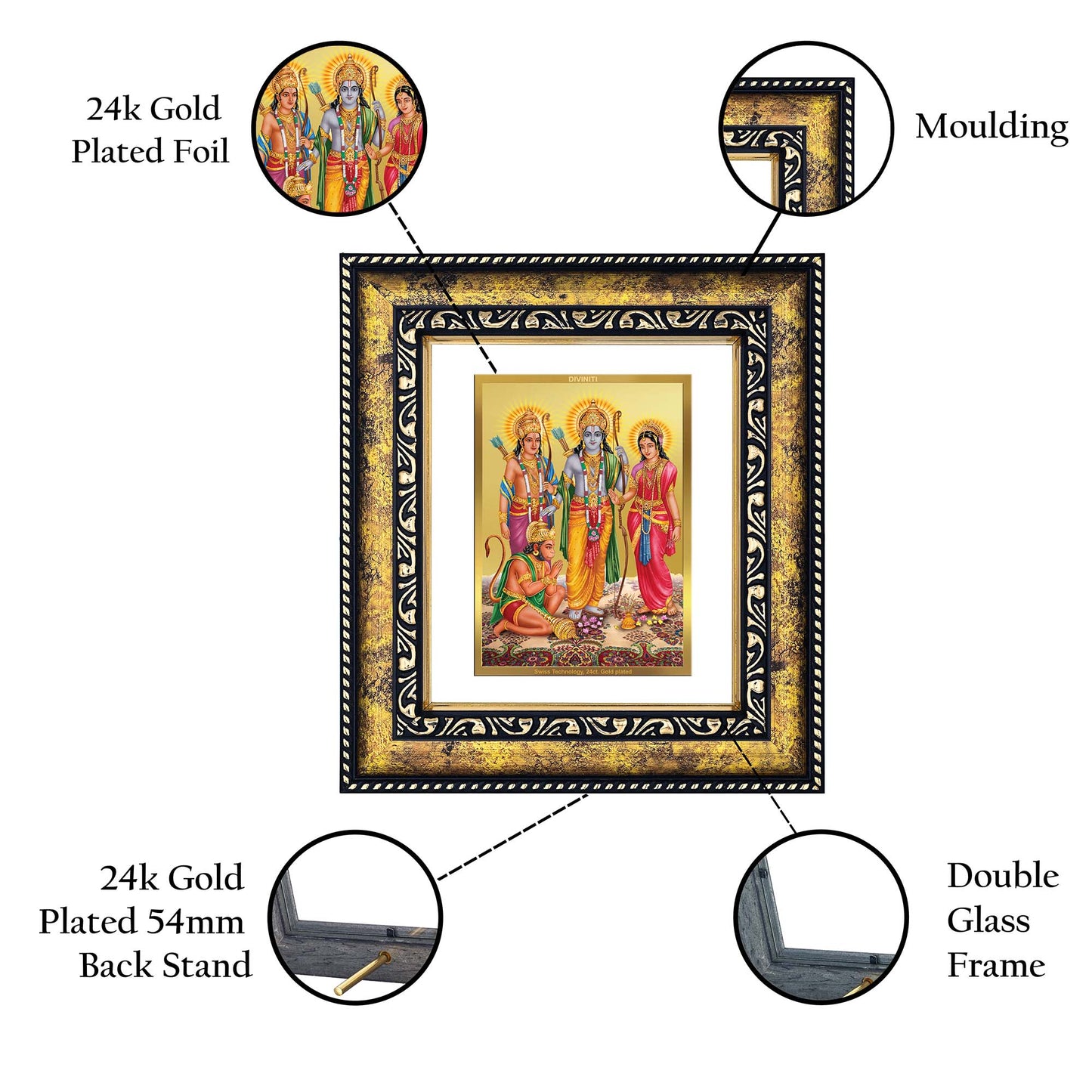 DIVINITI 24K Gold Plated Shri Ram Darbar Premium Photo Frame Idol for Puja Room, Home Wall Decor, Workshop, Table Top, Premium Gift|DG113 Size 2 (22.6x18.4 CM)