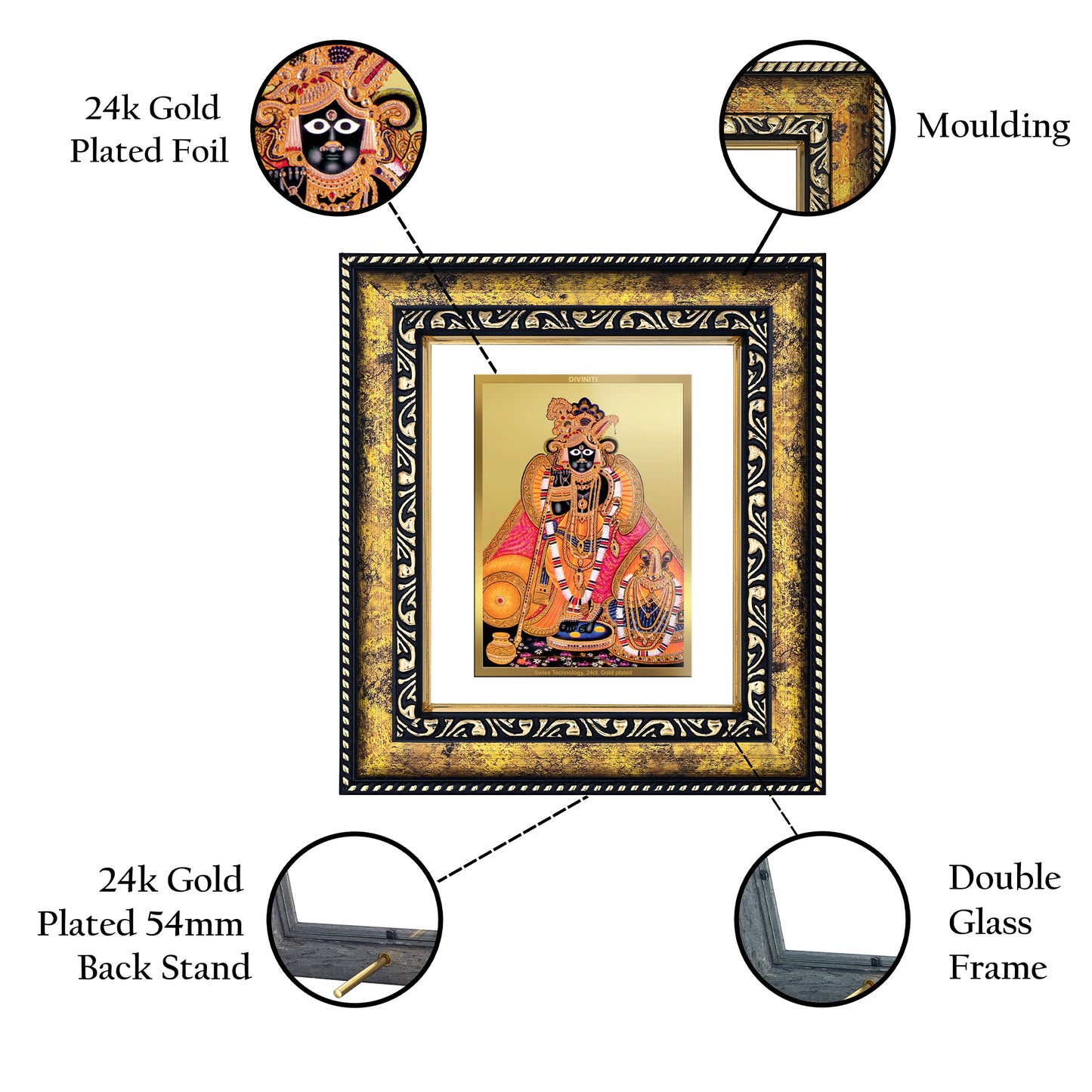 DIVINITI 24K Gold Plated Foil Bankey Bihari Photo Frame for Home & Office Decor, Wall Hanging, Workshop, Table Top, Gift|DG113 Size 2 (22.6x18.4 CM)