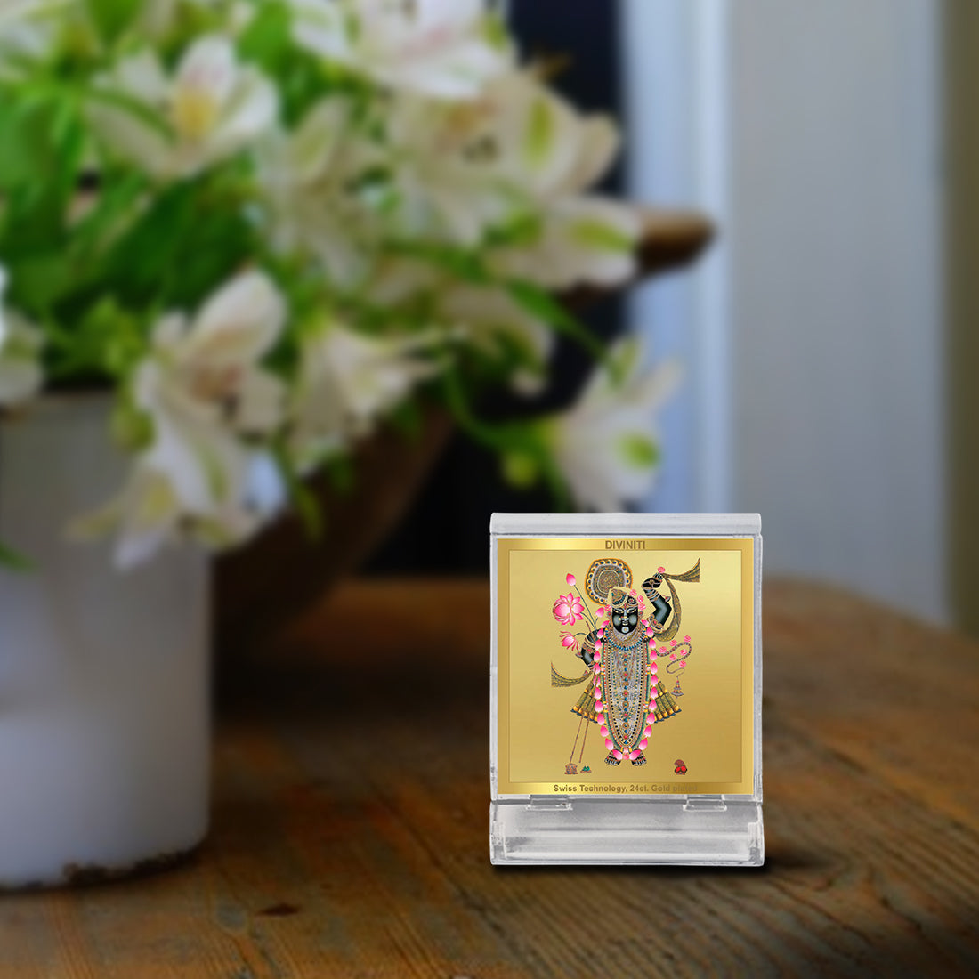 Diviniti 24K Gold Plated Foil Shrinathji Acrylic Frame for Car Dashboard, Home Decor, Tabletop, Puja Room, Festival Gift ACF3A (5.8x4.8 CM)