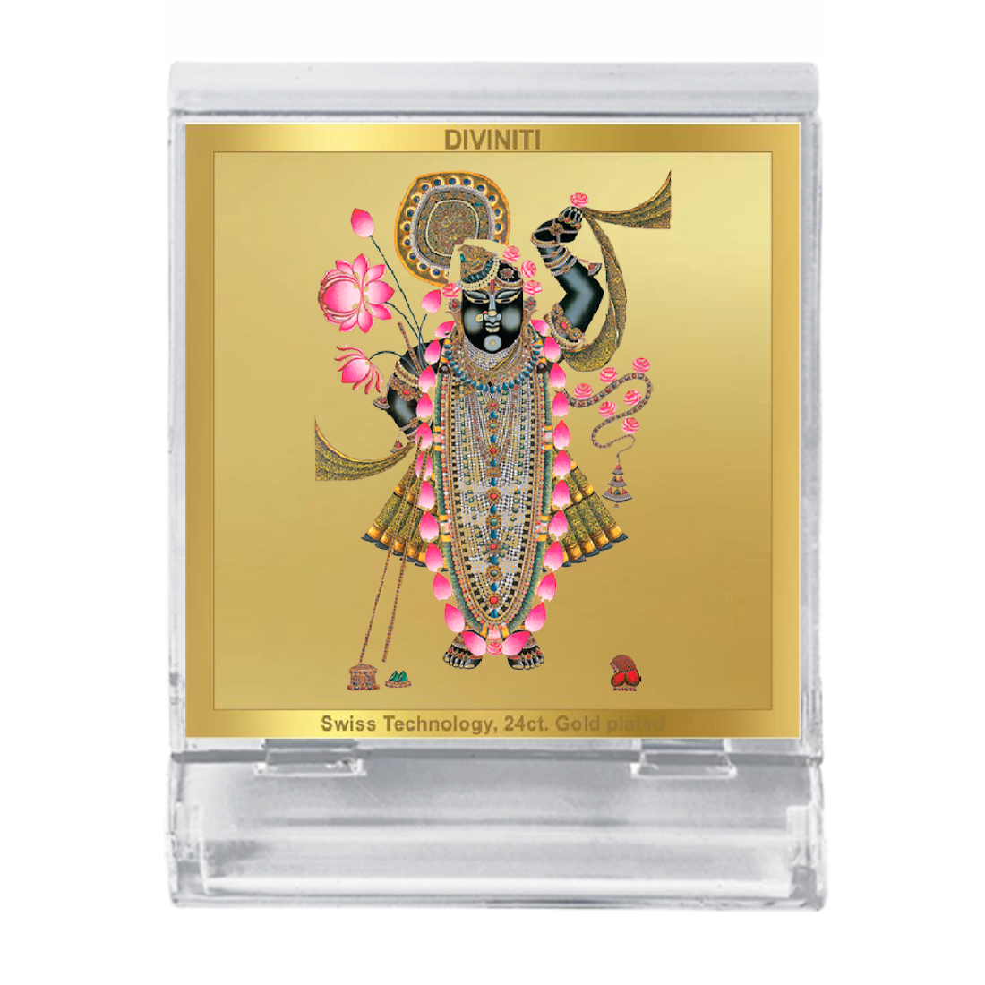 Diviniti 24K Gold Plated Foil Shrinathji Acrylic Frame for Car Dashboard, Home Decor, Tabletop, Puja Room, Festival Gift ACF3A (5.8x4.8 CM)