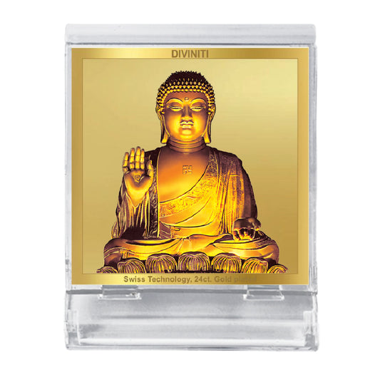 Diviniti 24K Gold Plated Gautam Buddha Acrylic Frame for Car Dashboard, Home Decor, Tabletop, Puja Room, Festival Gift ACF3A (5.8x4.8 CM)