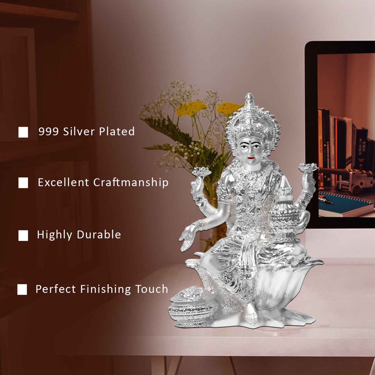 999 Silver-Plated Lakshmi Idol on Lotus | Home, Office & Temple Décor | Prayer & Gift (8x5.5 CM)