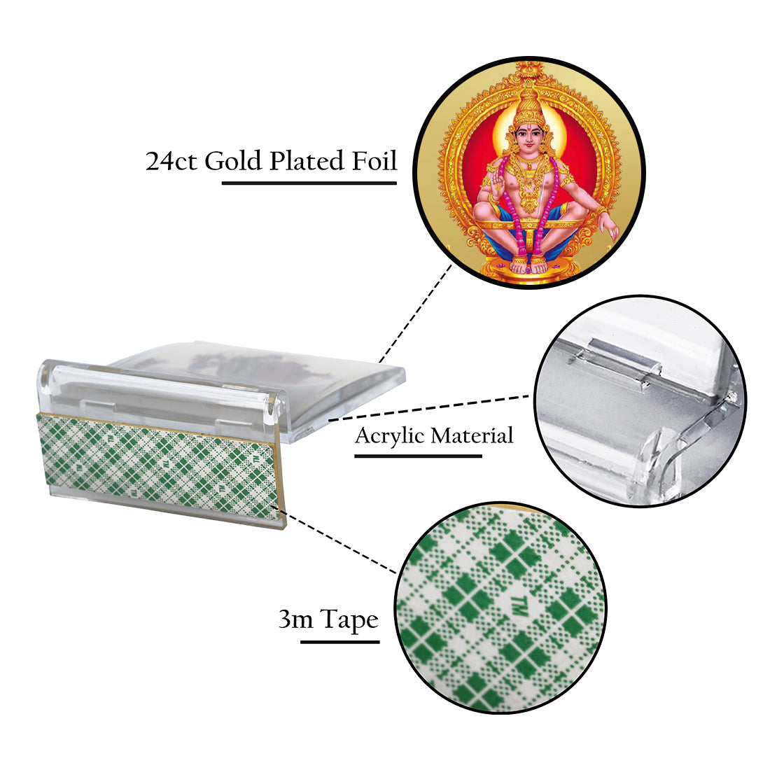 Diviniti 24K Gold Plated Ayyappan Acrylic Frame for Car Dashboard, Home Decor, Tabletop, Puja Room, Festival Gift ACF3A (5.8x4.8 CM)