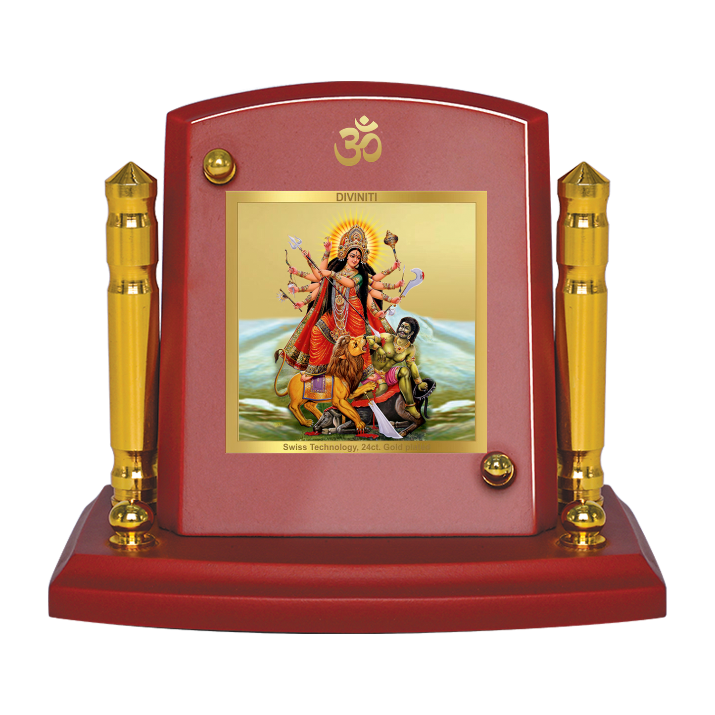 Diviniti 24K Gold Plated Durga Ji Photo Frame for Car Dashboard, Home Decor, Tabletop, Puja Room, Showpiece and Gift MDF1BP+ (6.5x5.5 CM)
