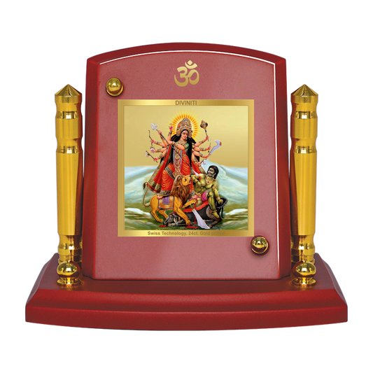 Diviniti 24K Gold Plated Durga Mahishasura Ji Photo Frame for Car Dashboard, Home Decor, Tabletop, Puja Room, Showpiece and Gift  MDF1BP+ (6.5x5.5 CM)