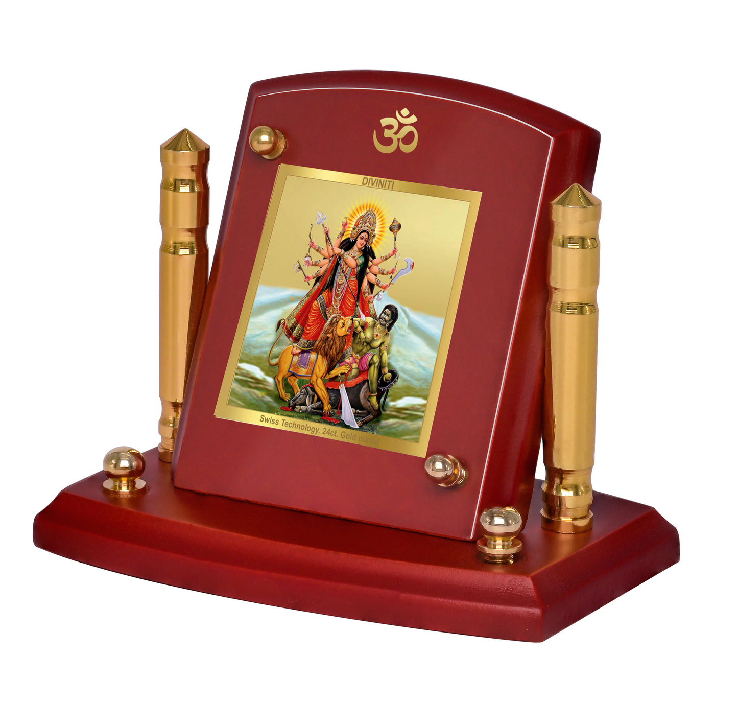 Diviniti 24K Gold Plated Durga Ji Photo Frame for Car Dashboard, Home Decor, Tabletop, Puja Room, Showpiece and Gift MDF1BP+ (6.5x5.5 CM)