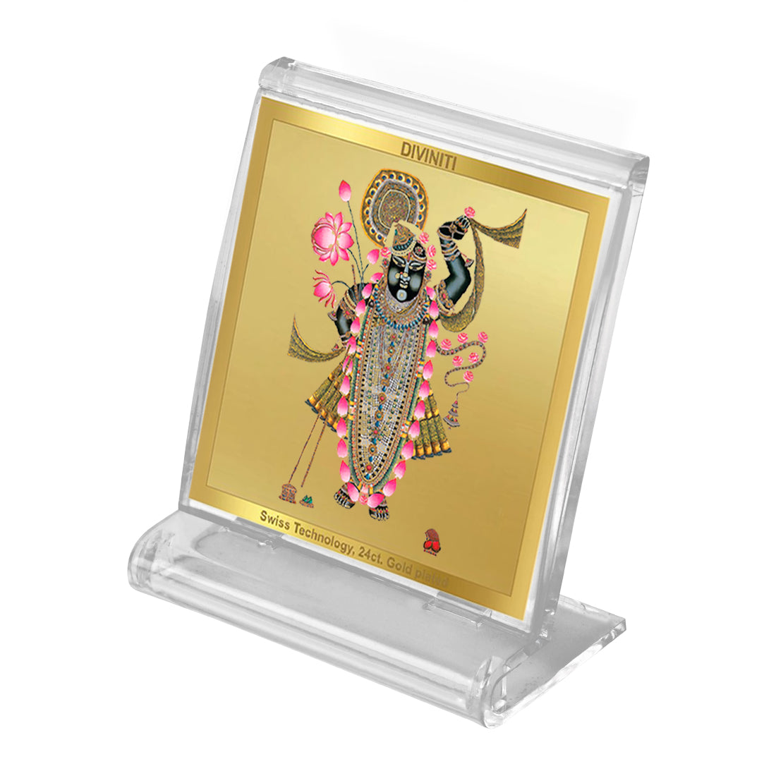 Diviniti 24K Gold Plated Foil Shrinathji Acrylic Frame for Car Dashboard, Home Decor, Tabletop, Puja Room, Festival Gift ACF3A (5.8x4.8 CM)