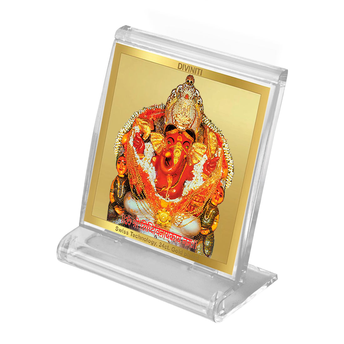 Diviniti 24K Gold Plated Siddhivinayak Acrylic Frame for Car Dashboard, Home Decor, Tabletop, Puja Room, Festival Gift ACF3A (5.8x4.8 CM)