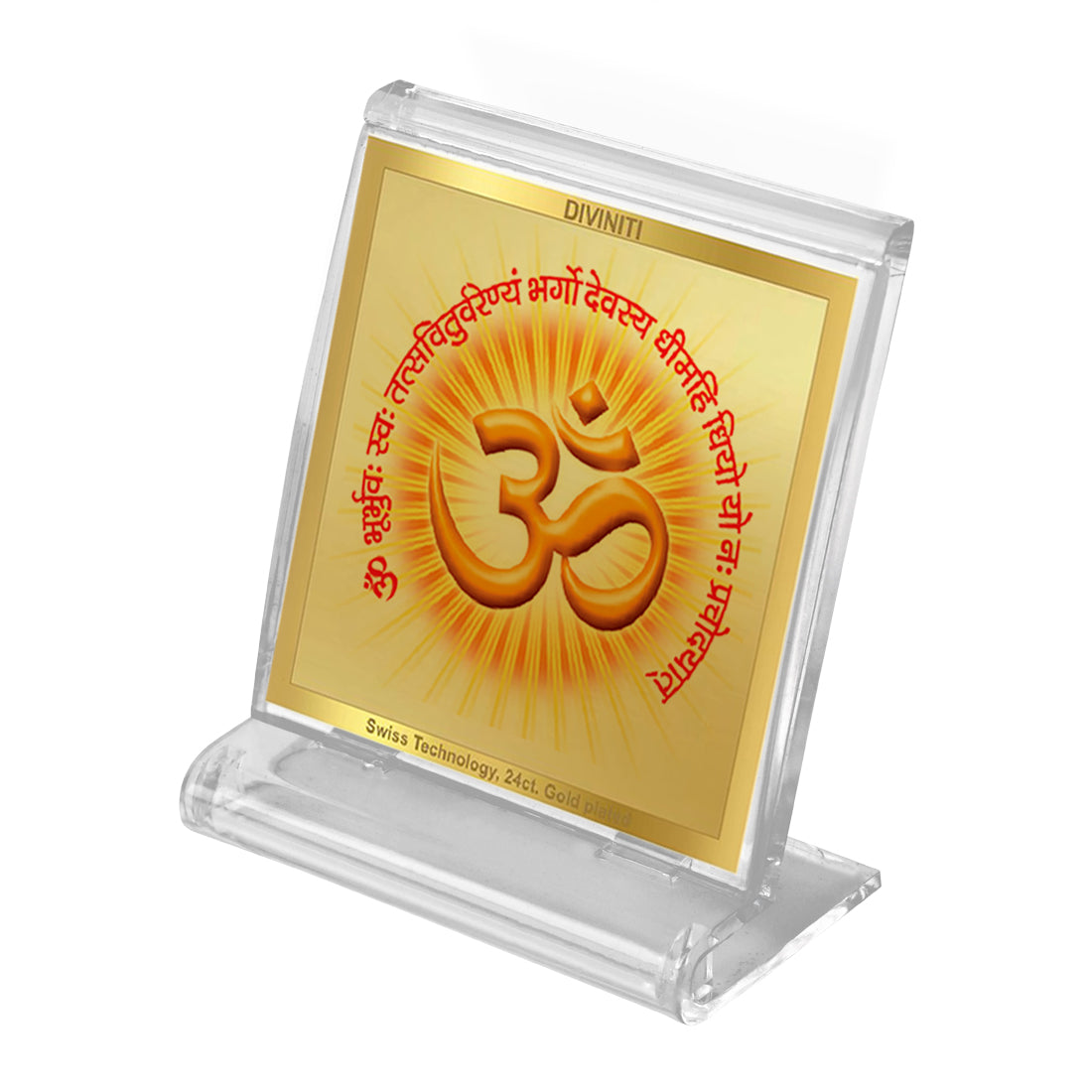 Diviniti 24K Gold Plated Om Gayatri Mantra Frame For Car Dashboard, Home Decor, Tabletop, Prayer and Gift (5.8 x 4.8 CM)
