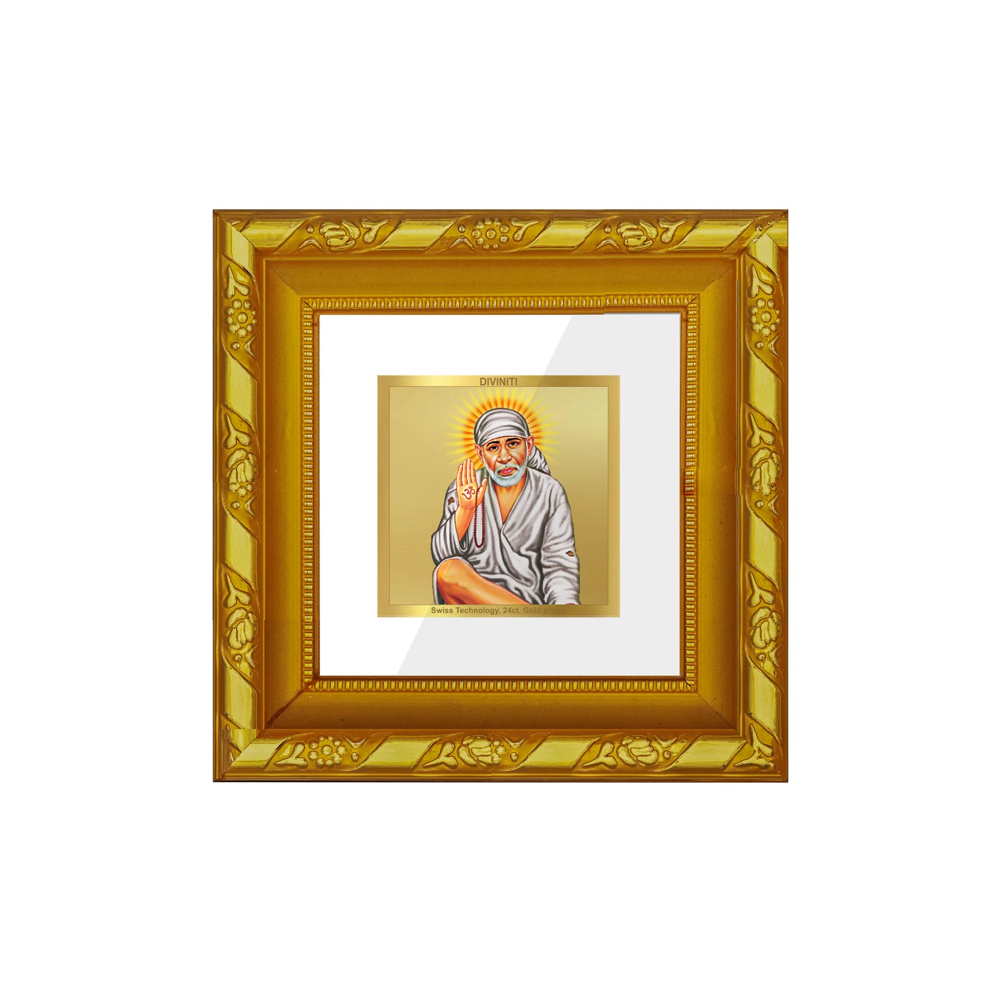 DIVINITI 24K Gold Plated Sai Baba Classic Wall Photo Frame Idol for Home Decor, Puja Room, Table Top, Workshop, Gifts | DG103S1A (10x10 CM)