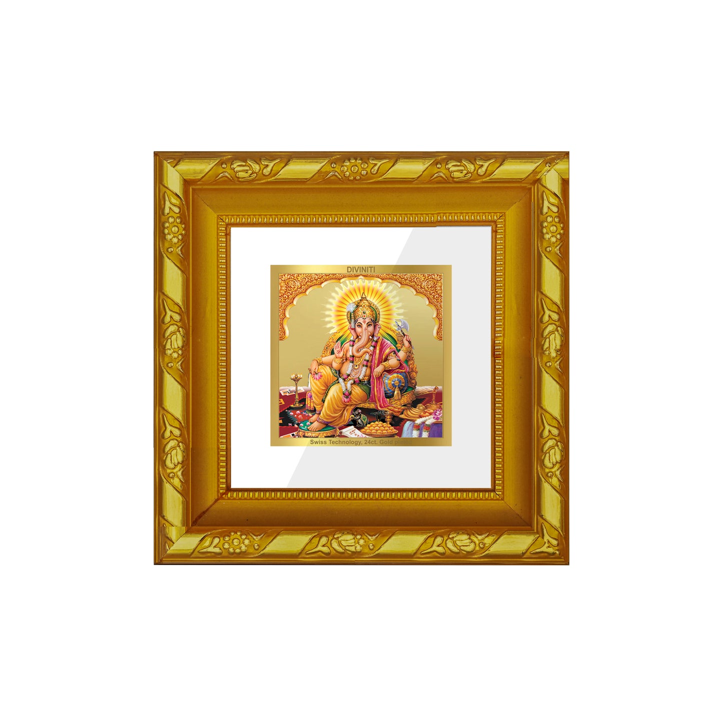 DIVINITI 24K Gold Plated Foil Lord Ganesha Wall Photo Frame for Table Top, Home Decor, Puja Room, Luxury Gifts|DG103S1A (10x10 CM)
