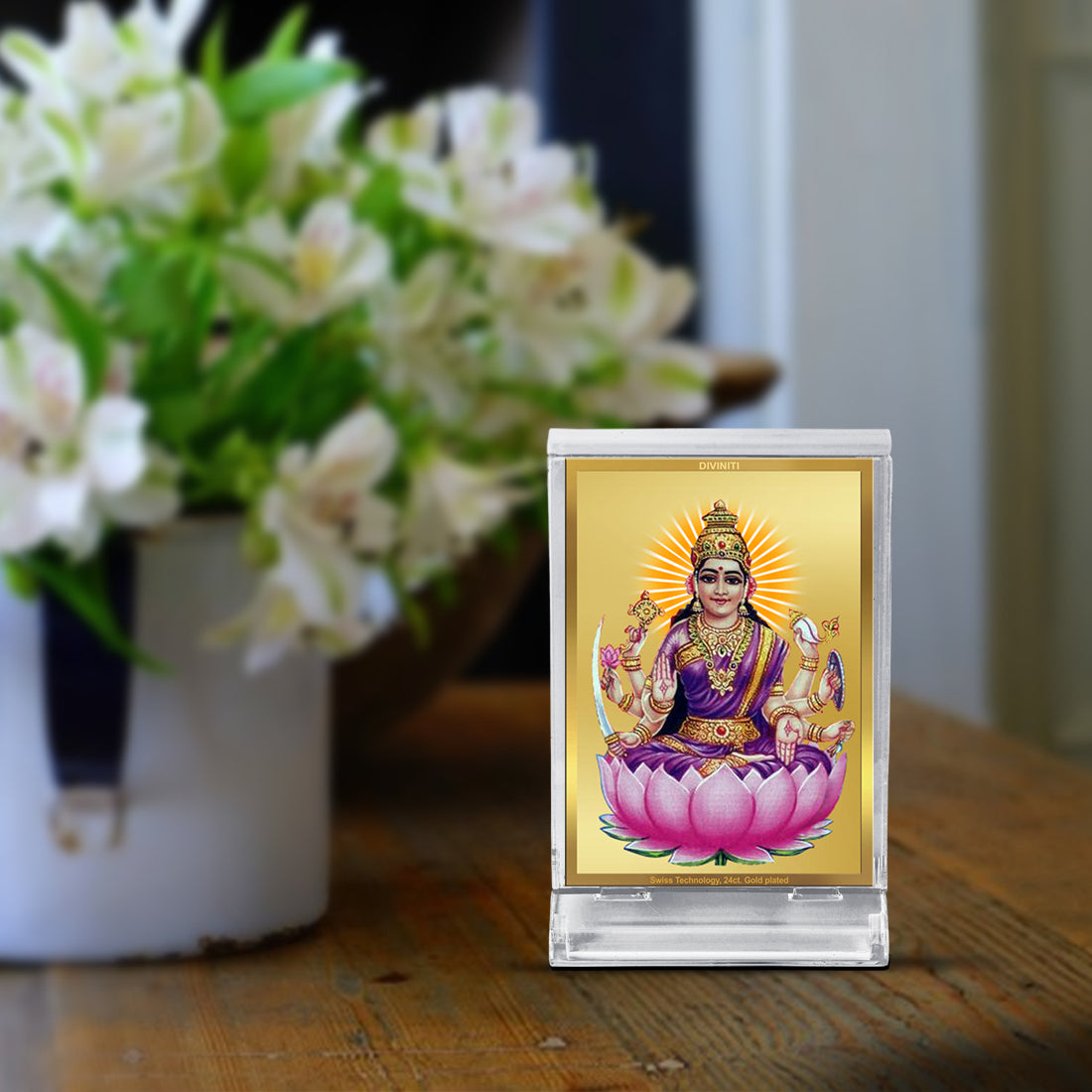 Diviniti 24K Gold Plated Foil Vijaya Lakshmi Frame For Car Dashboard, Home Decor, Puja Room (11 x 6.8 CM)