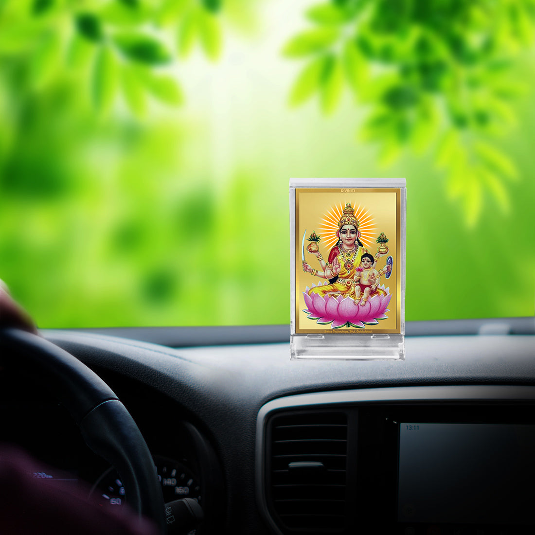 Diviniti 24K Gold Plated Foil Santana Lakshmi Frame For Car Dashboard, Home Decor, Puja Room (11 x 6.8 CM)