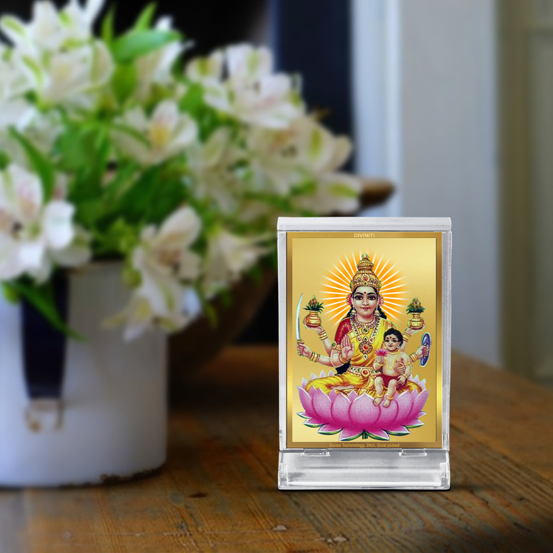 Diviniti 24K Gold Plated Foil Santana Lakshmi Frame For Car Dashboard, Home Decor, Puja Room (11 x 6.8 CM)