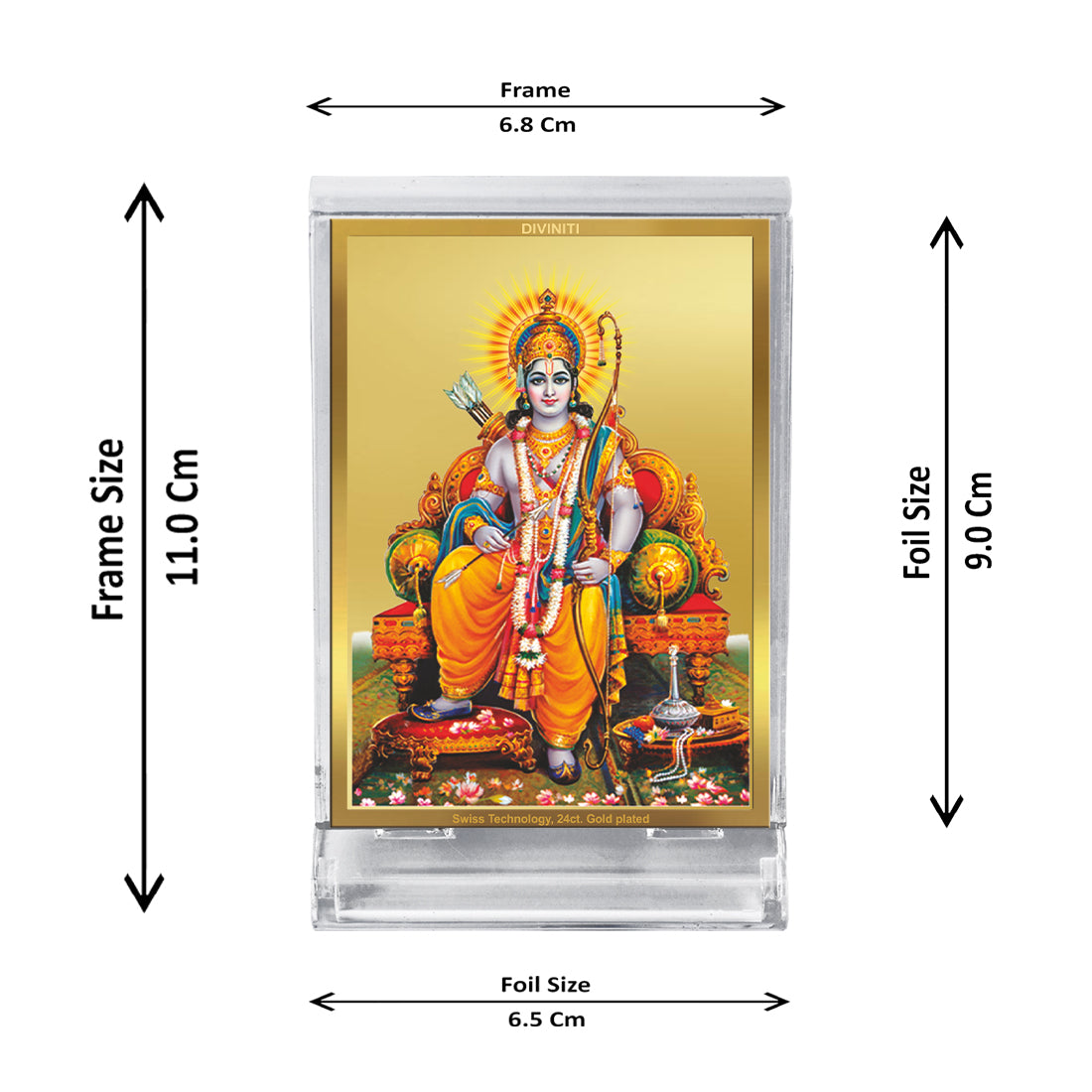 Diviniti 24K Gold Plated Foil God Ram Frame For Car Dashboard, Home Decor, Table, Puja (11 x 6.8 CM)
