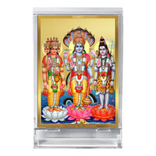 Load image into Gallery viewer, Diviniti 24K Gold Plated Brahma Vishnu Mahesh Frame For Car Dashboard, Home Decor, Table Top, Gift, Puja (11 x 6.8 CM)
